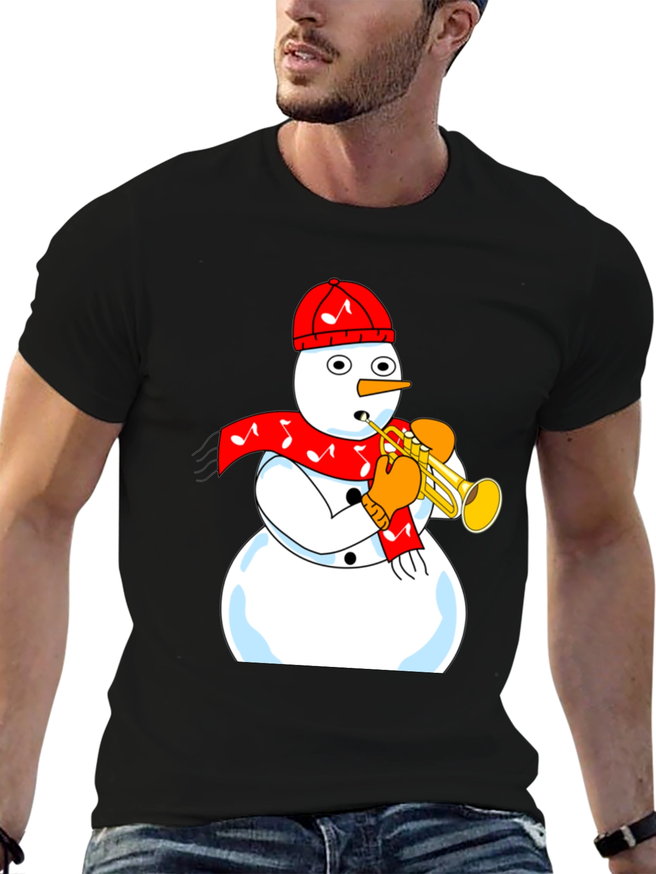 Camiseta Negra con Diseño de Muñeco de Nieve Trompetista