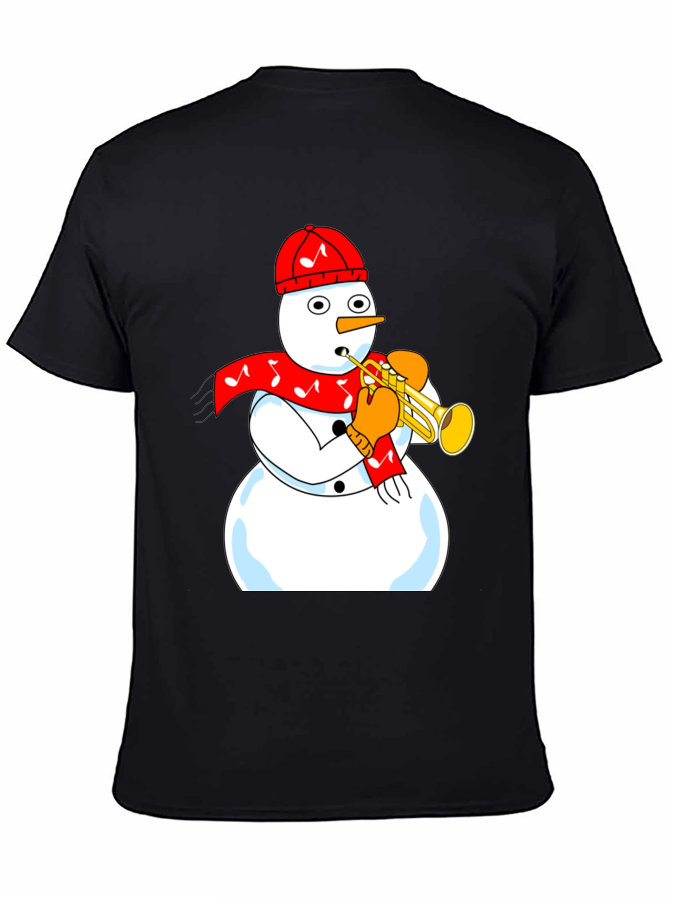 Camiseta Negra con Diseño de Muñeco de Nieve Trompetista