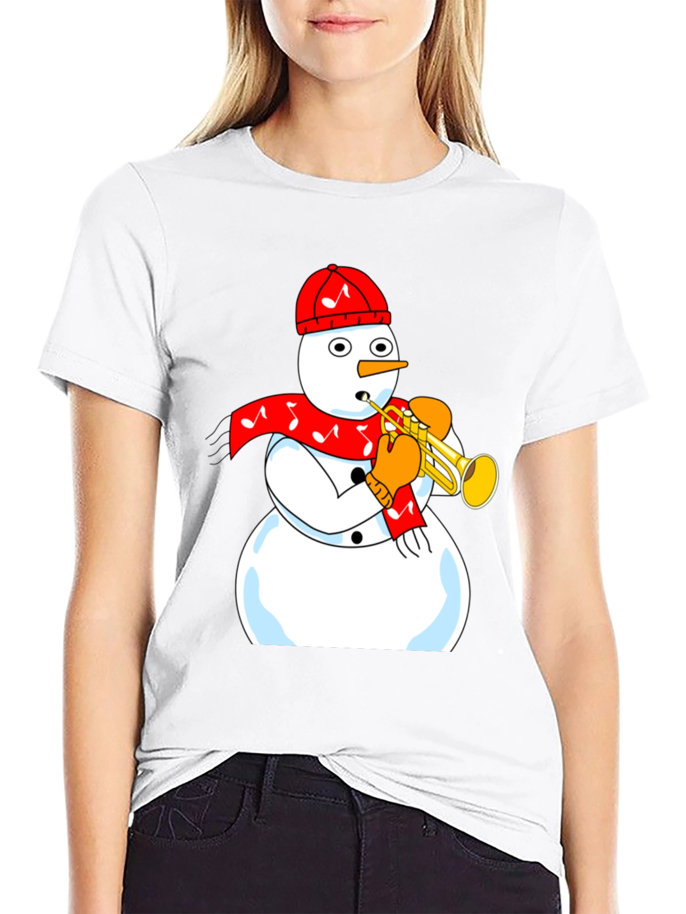 Camiseta Negra con Diseño de Muñeco de Nieve Trompetista