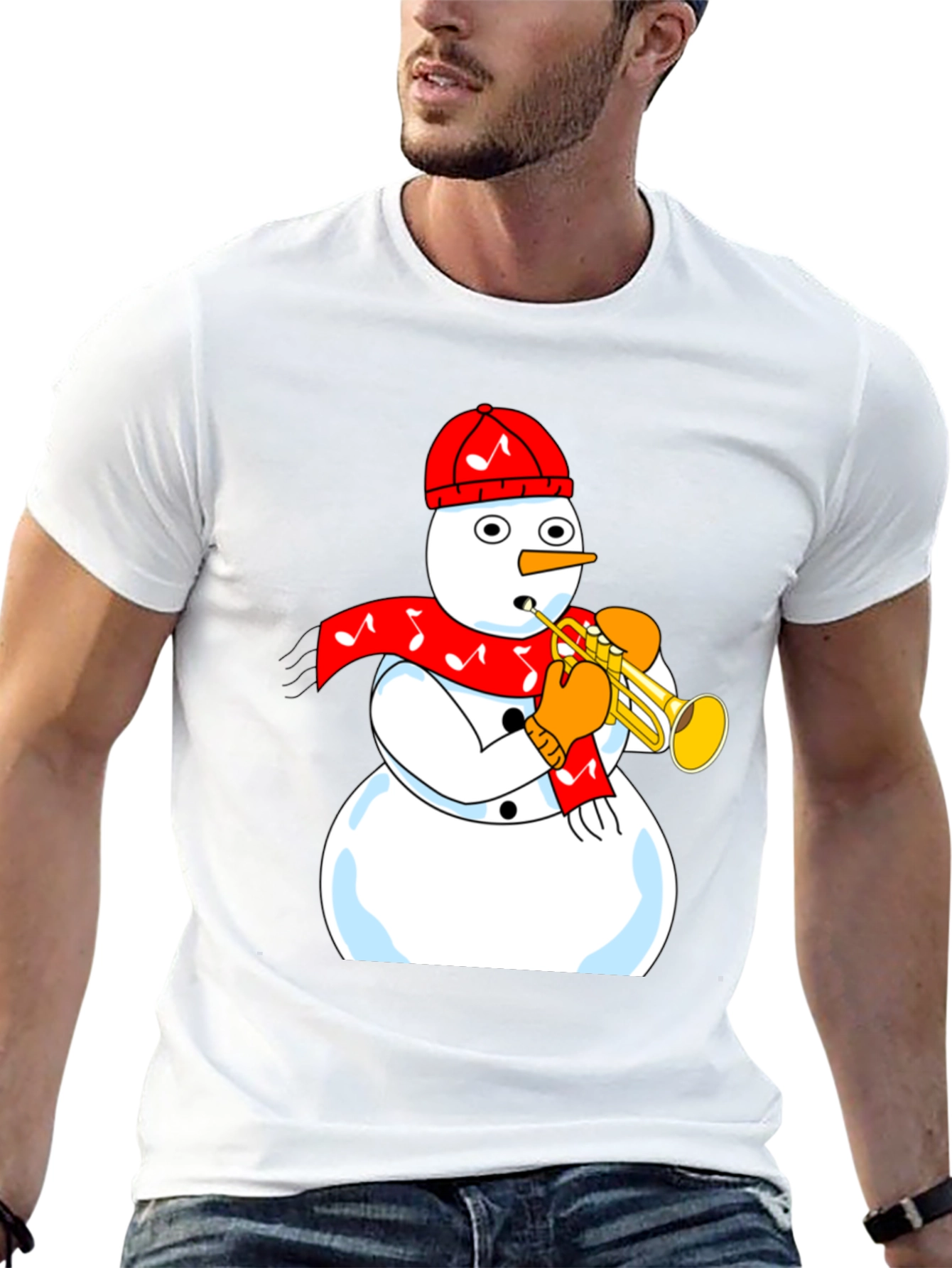 Camiseta Negra con Diseño de Muñeco de Nieve Trompetista