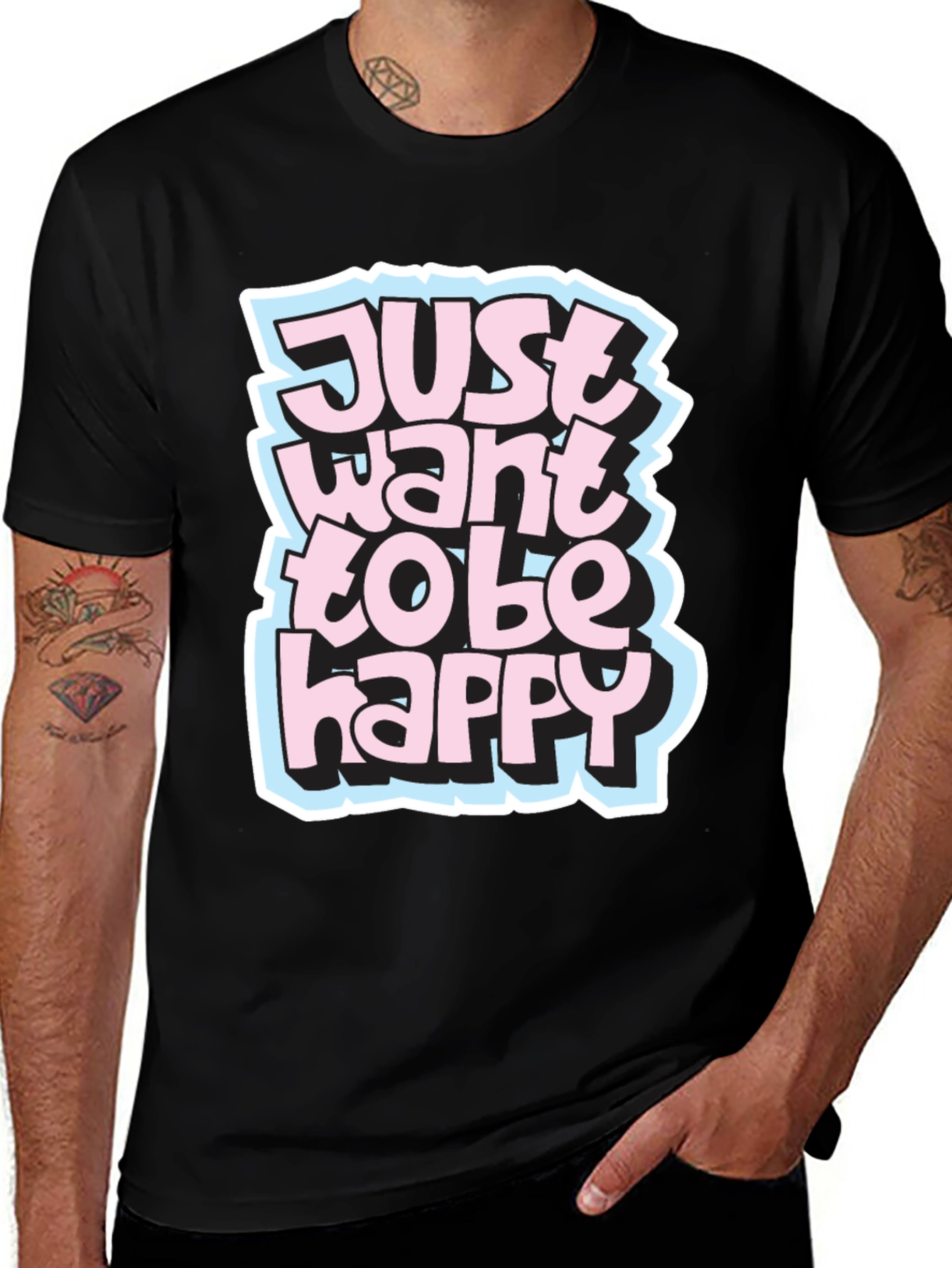 Camiseta Negra con Diseño Just Want to Be Happy