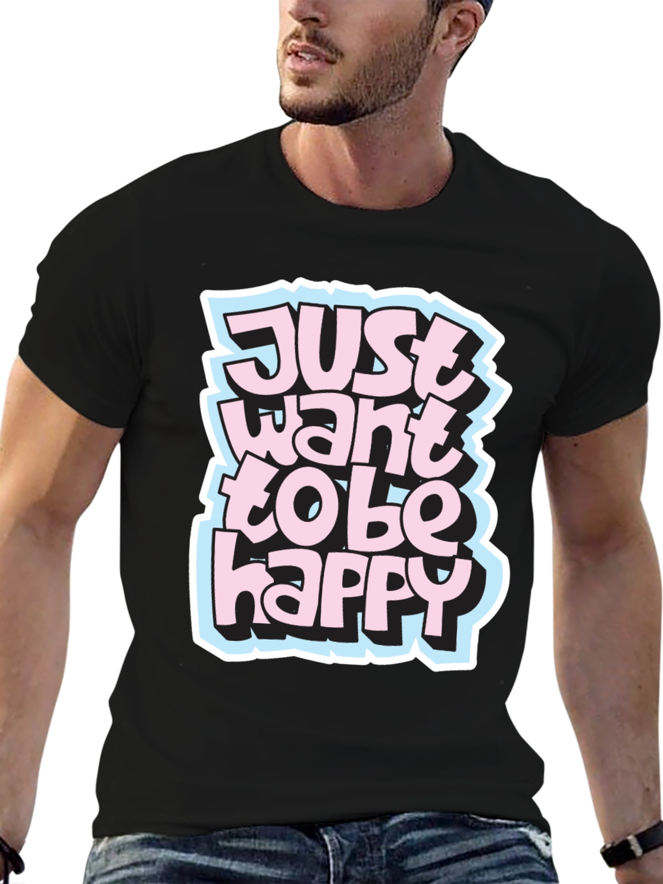 Camiseta Negra con Diseño Just Want to Be Happy
