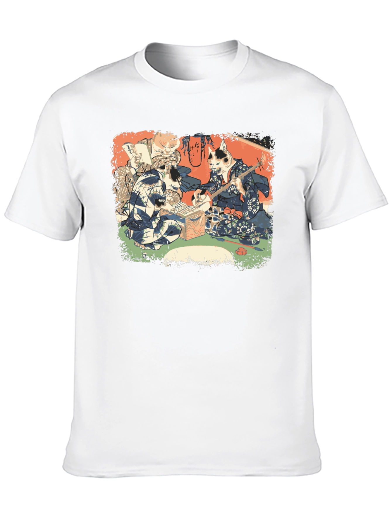 Camiseta Negra con Estampado Artístico de Gatos Japoneses