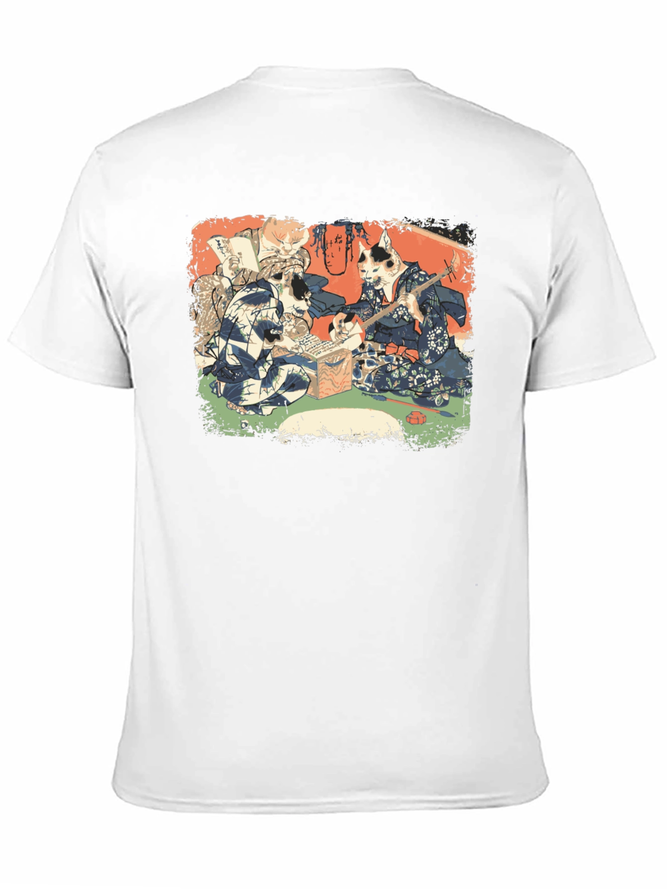 Camiseta Negra con Estampado Artístico de Gatos Japoneses
