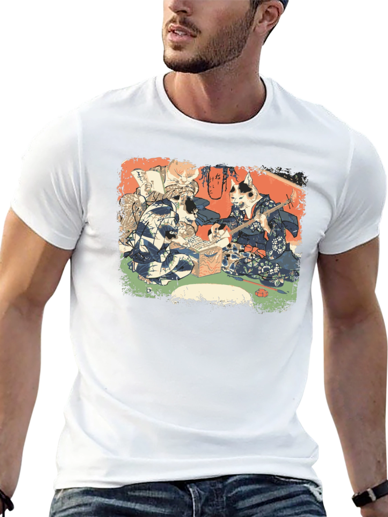 Camiseta Negra con Estampado Artístico de Gatos Japoneses