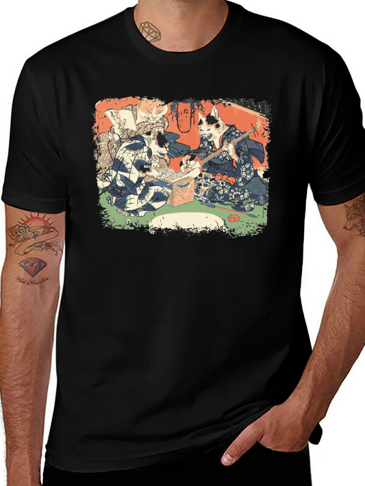 Camiseta Negra con Estampado Artístico de Gatos Japoneses