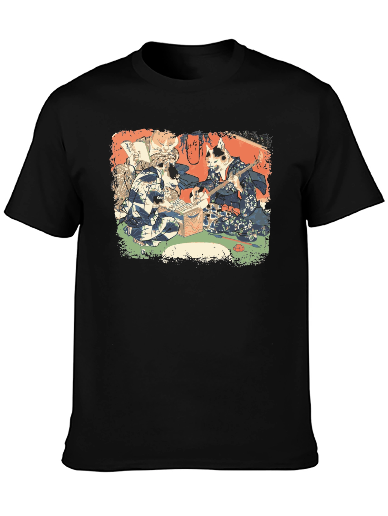 Camiseta Negra con Estampado Artístico de Gatos Japoneses