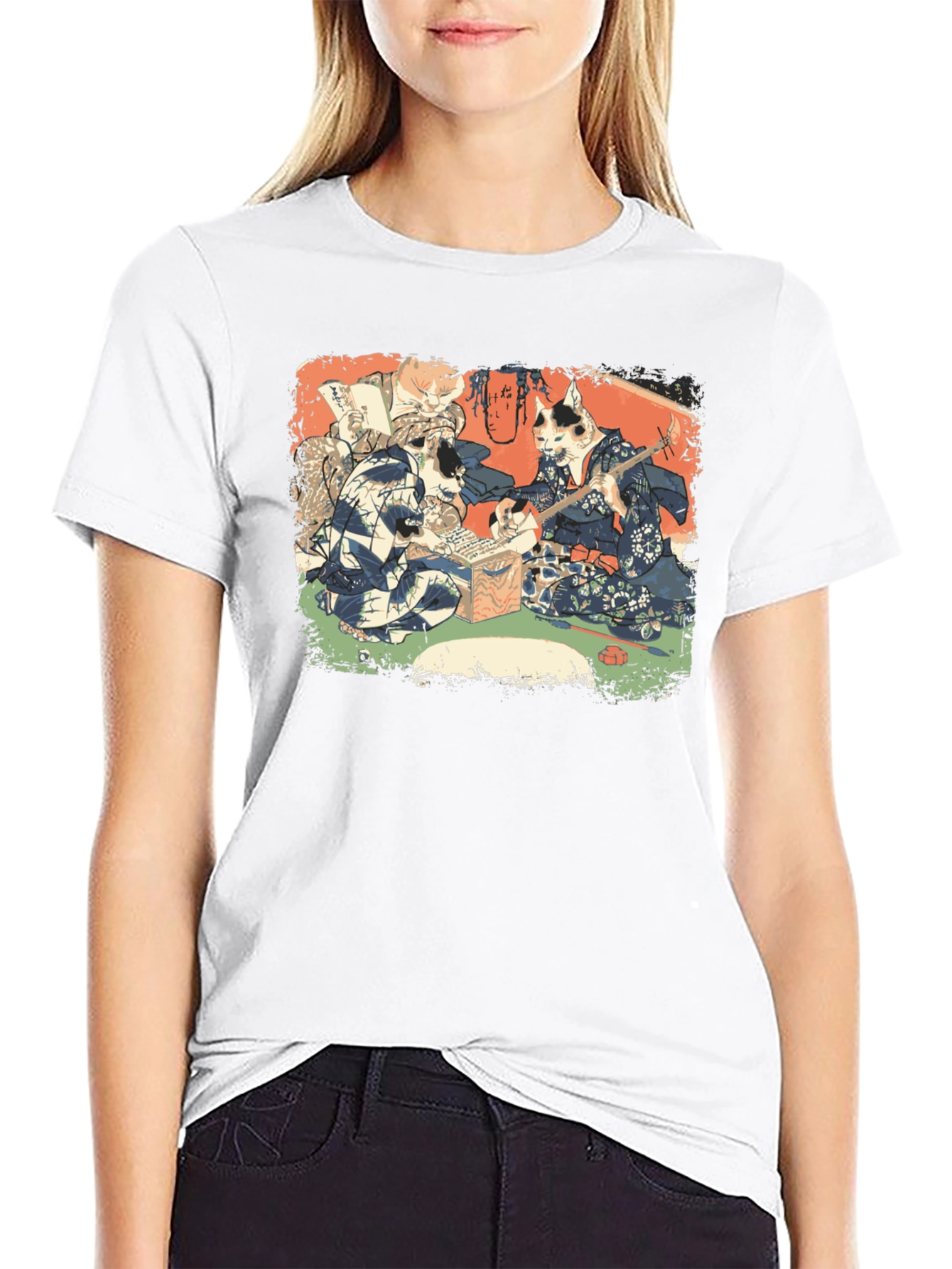 Camiseta Negra con Estampado Artístico de Gatos Japoneses