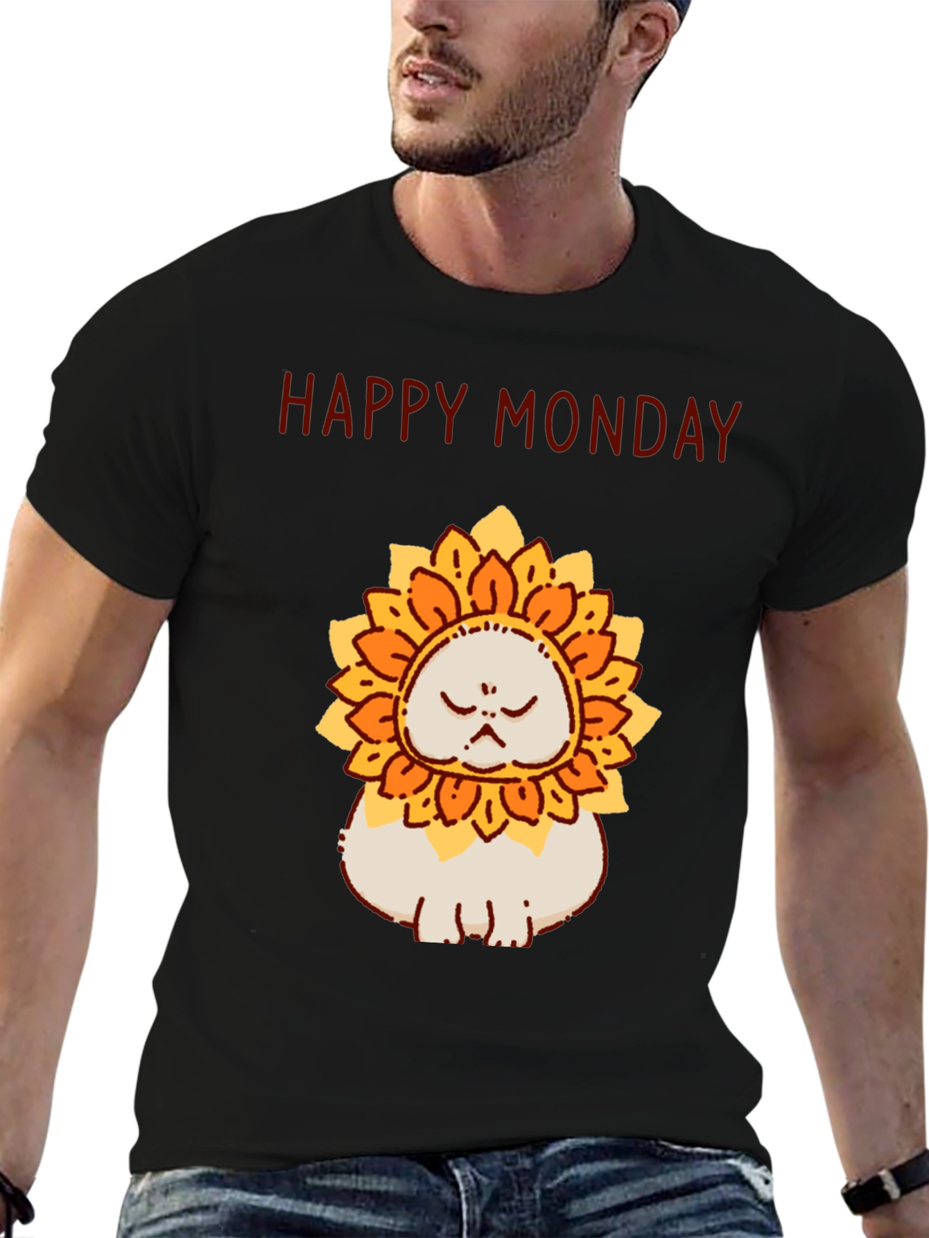 Camiseta Hombre Happy Monday Gato-Girasol Divertida