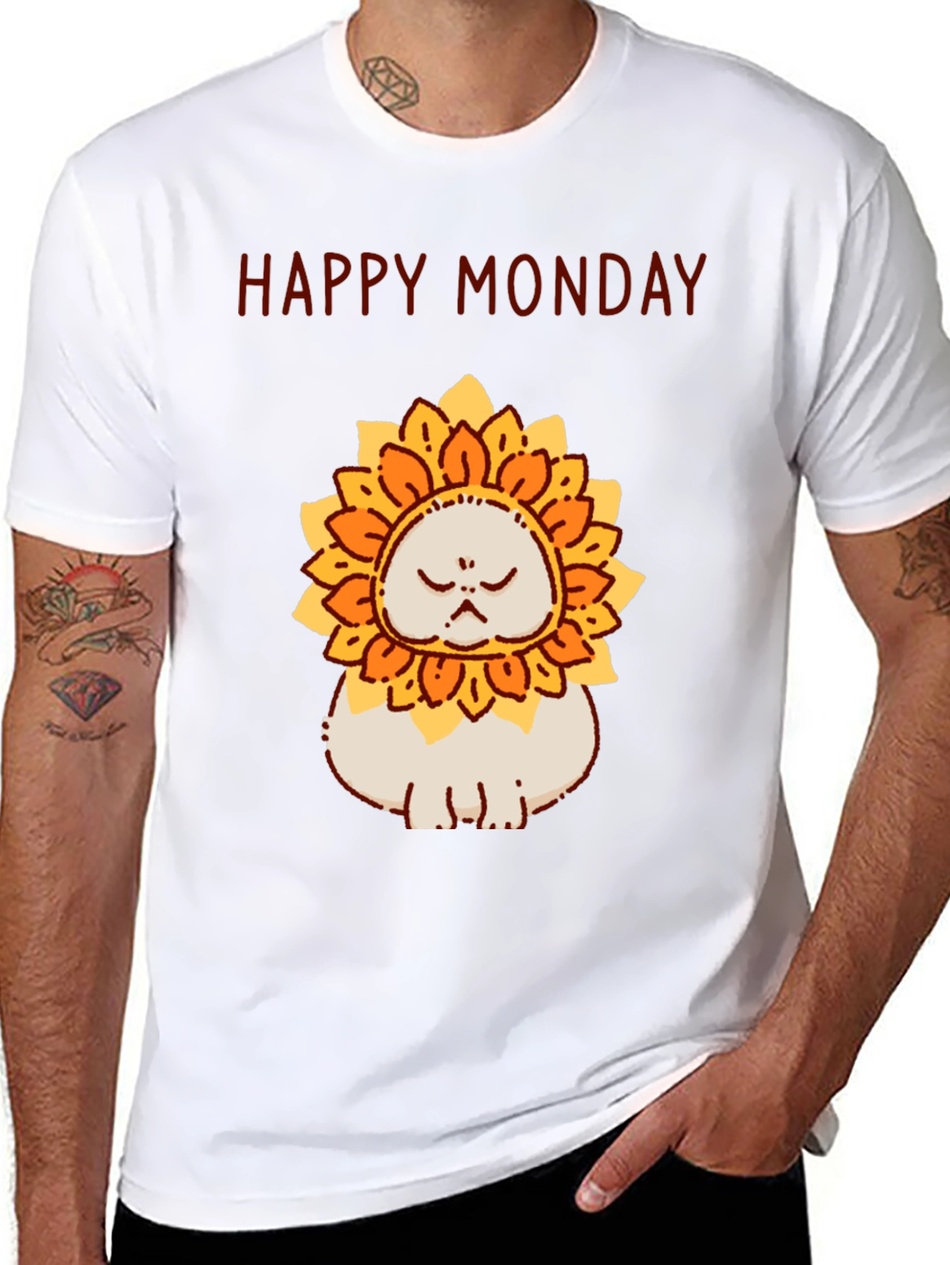 Camiseta Hombre Happy Monday Gato-Girasol Divertida