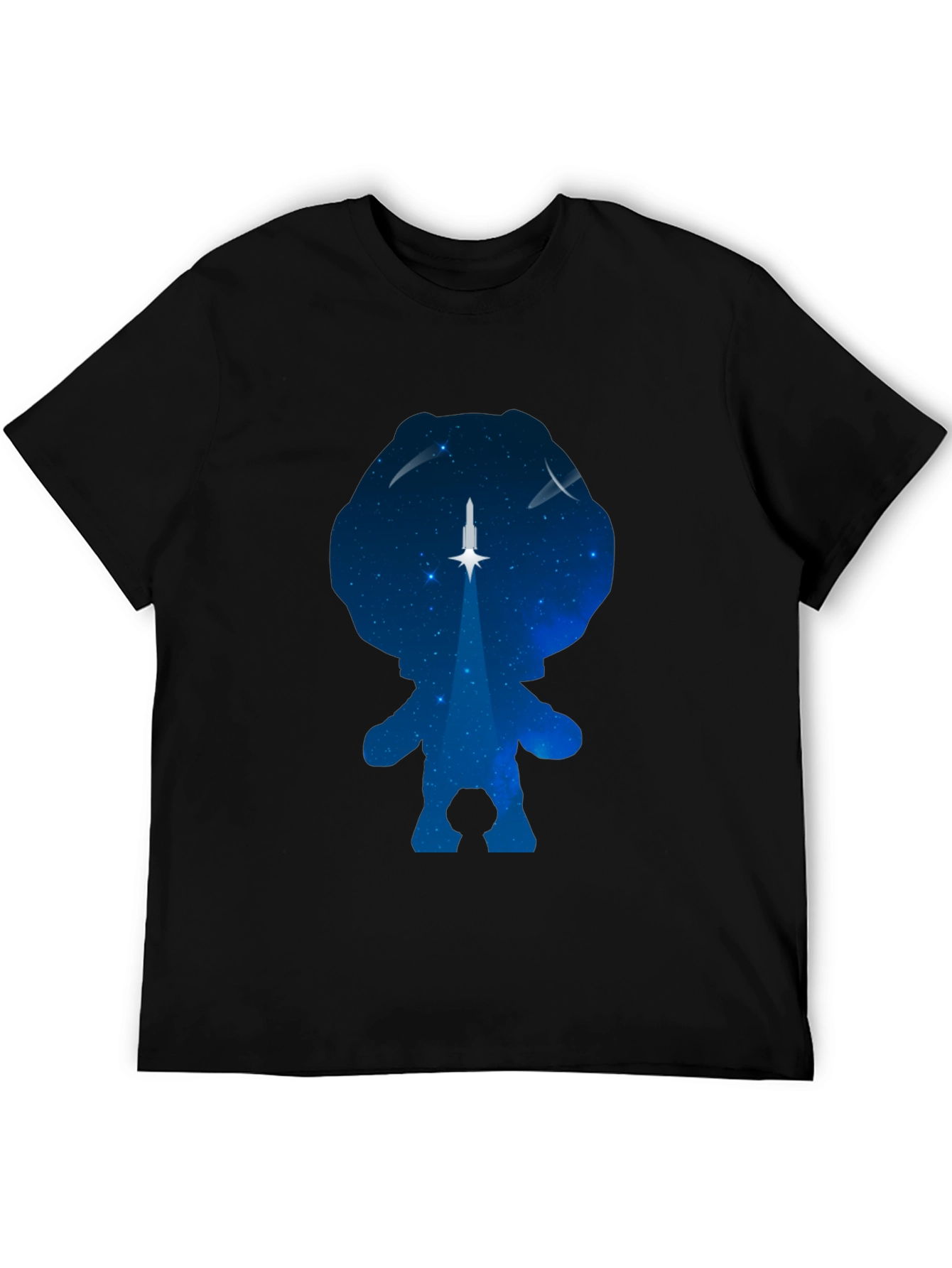 Camiseta Negra con Diseño Astronauta y Cohete Espacial