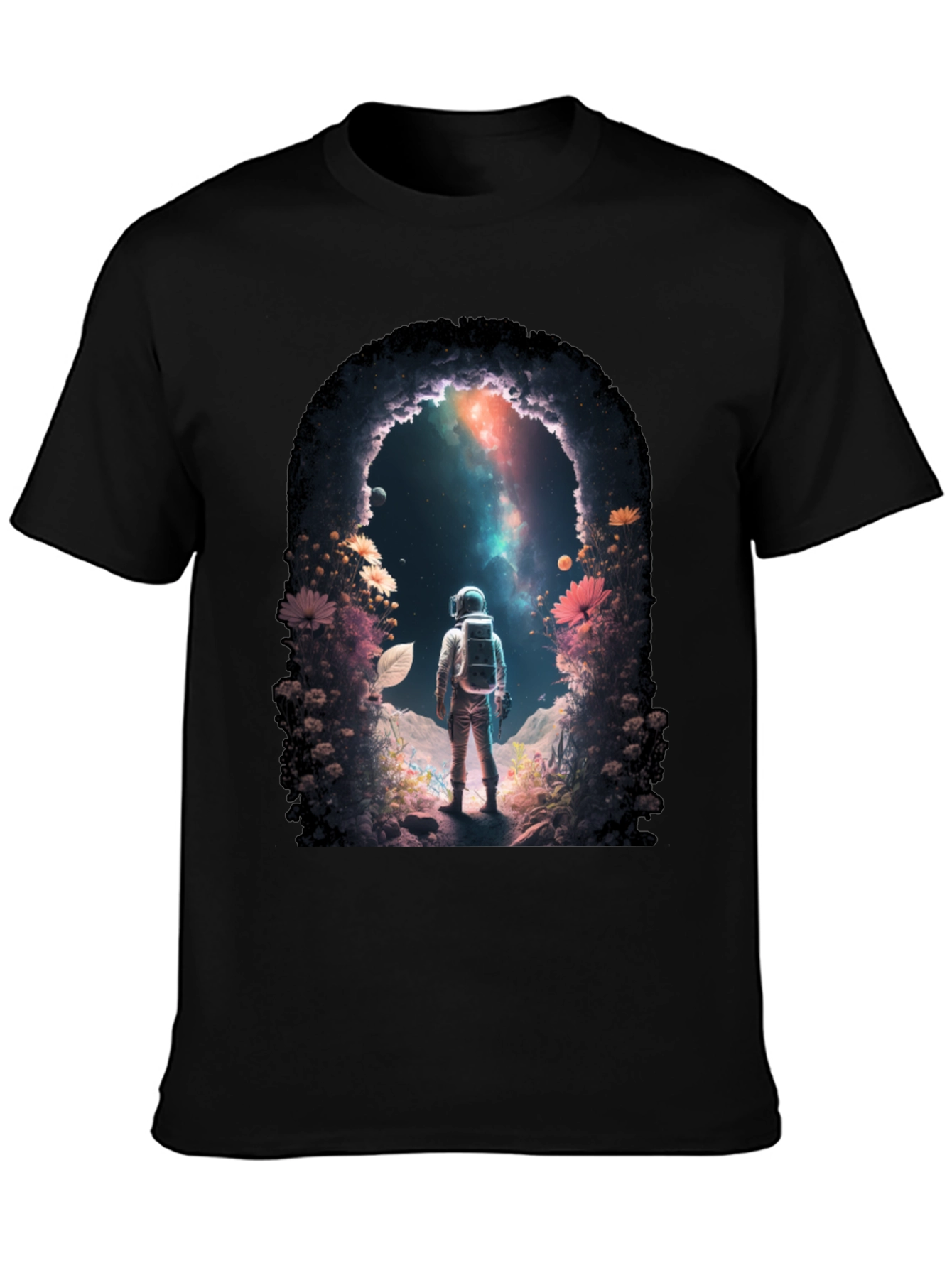 Camiseta Negra con Diseño de Astronauta en el Espacio