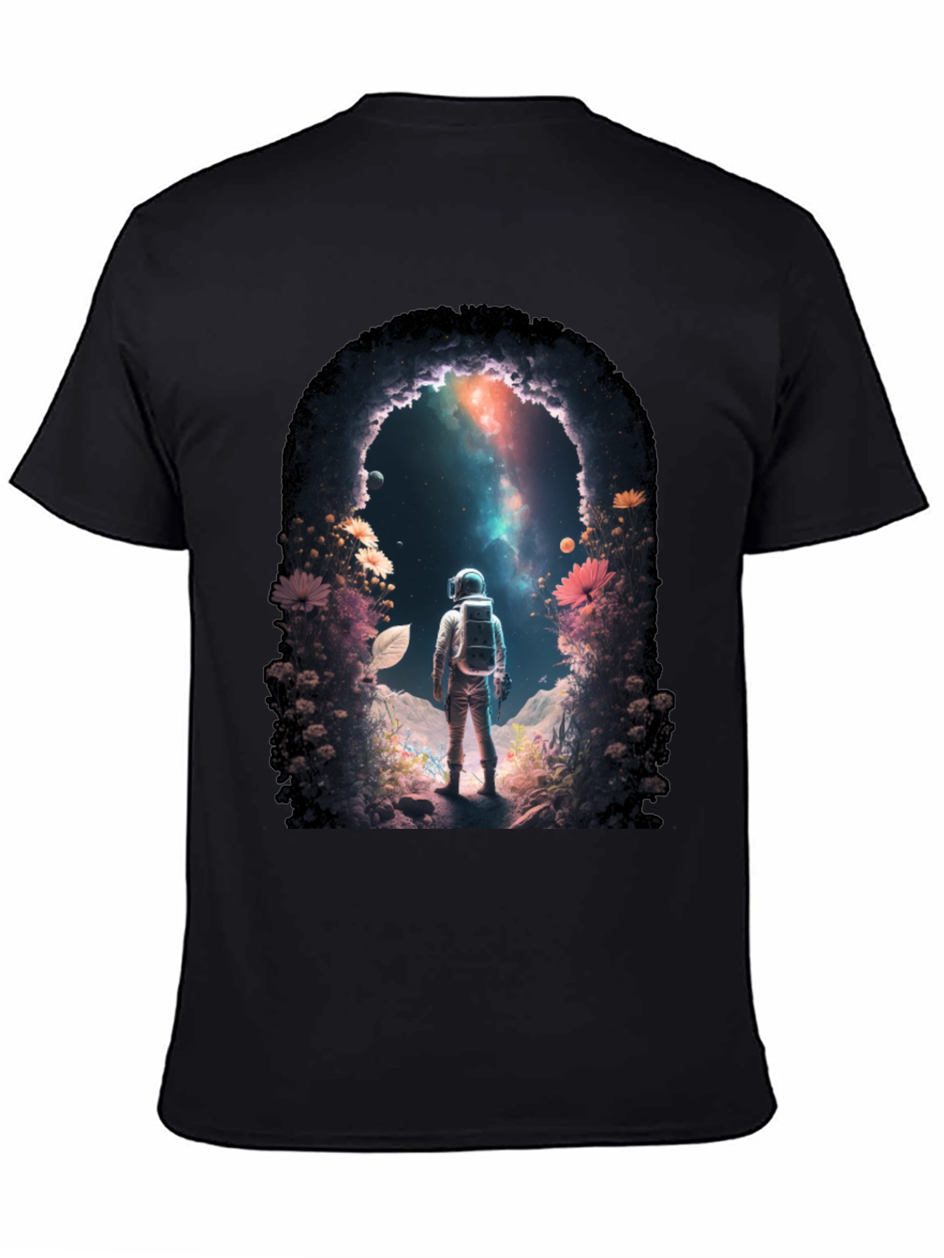 Camiseta Negra con Diseño de Astronauta en el Espacio