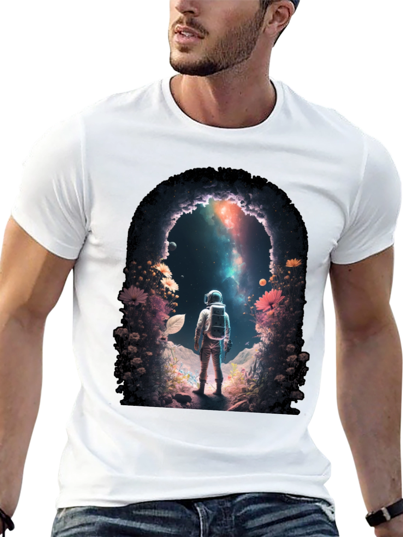 Camiseta Negra con Diseño de Astronauta en el Espacio