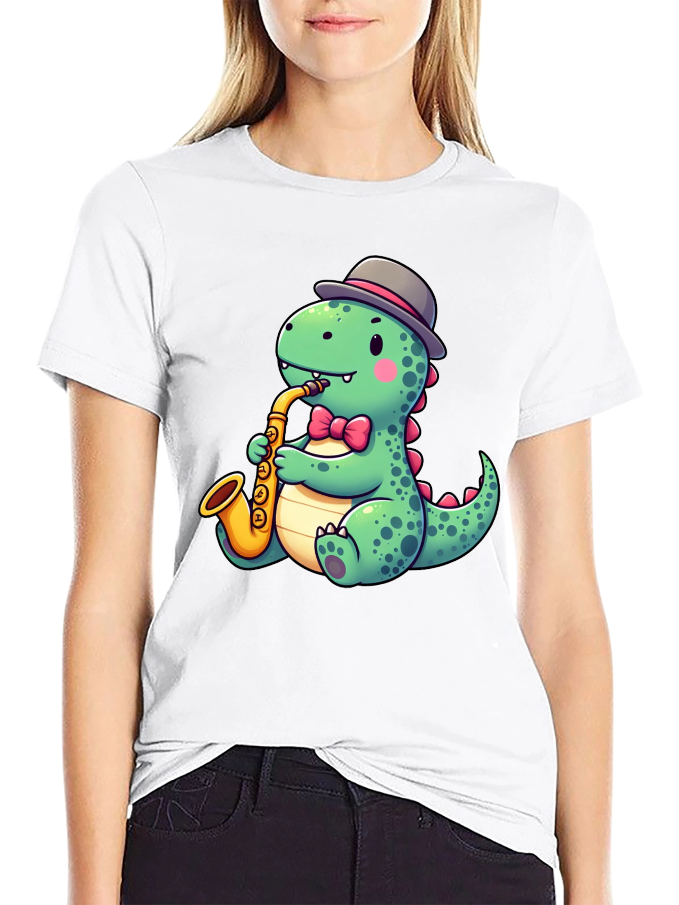 Camiseta Negra con Diseño de Dinosaurio Músico