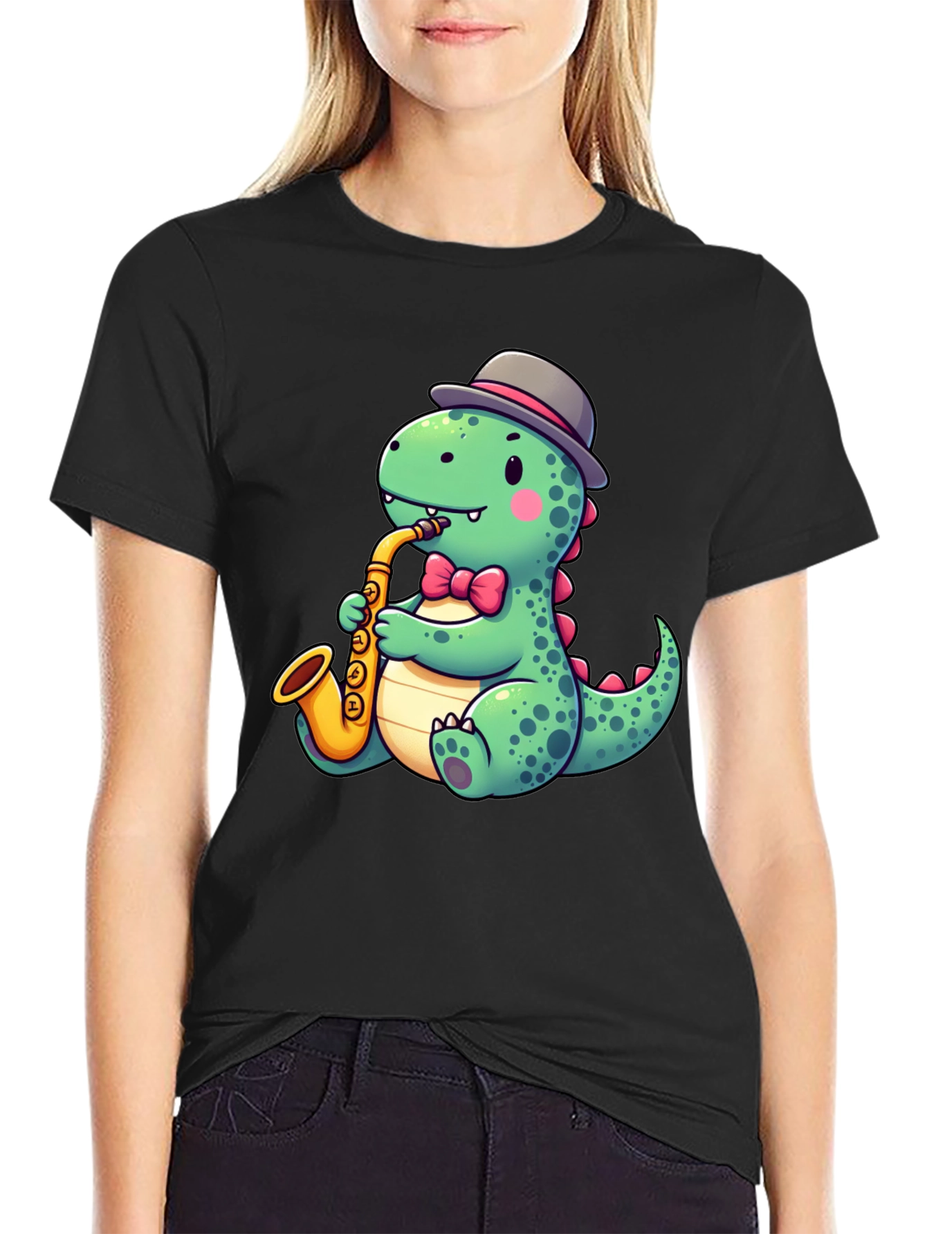 Camiseta Negra con Diseño de Dinosaurio Músico