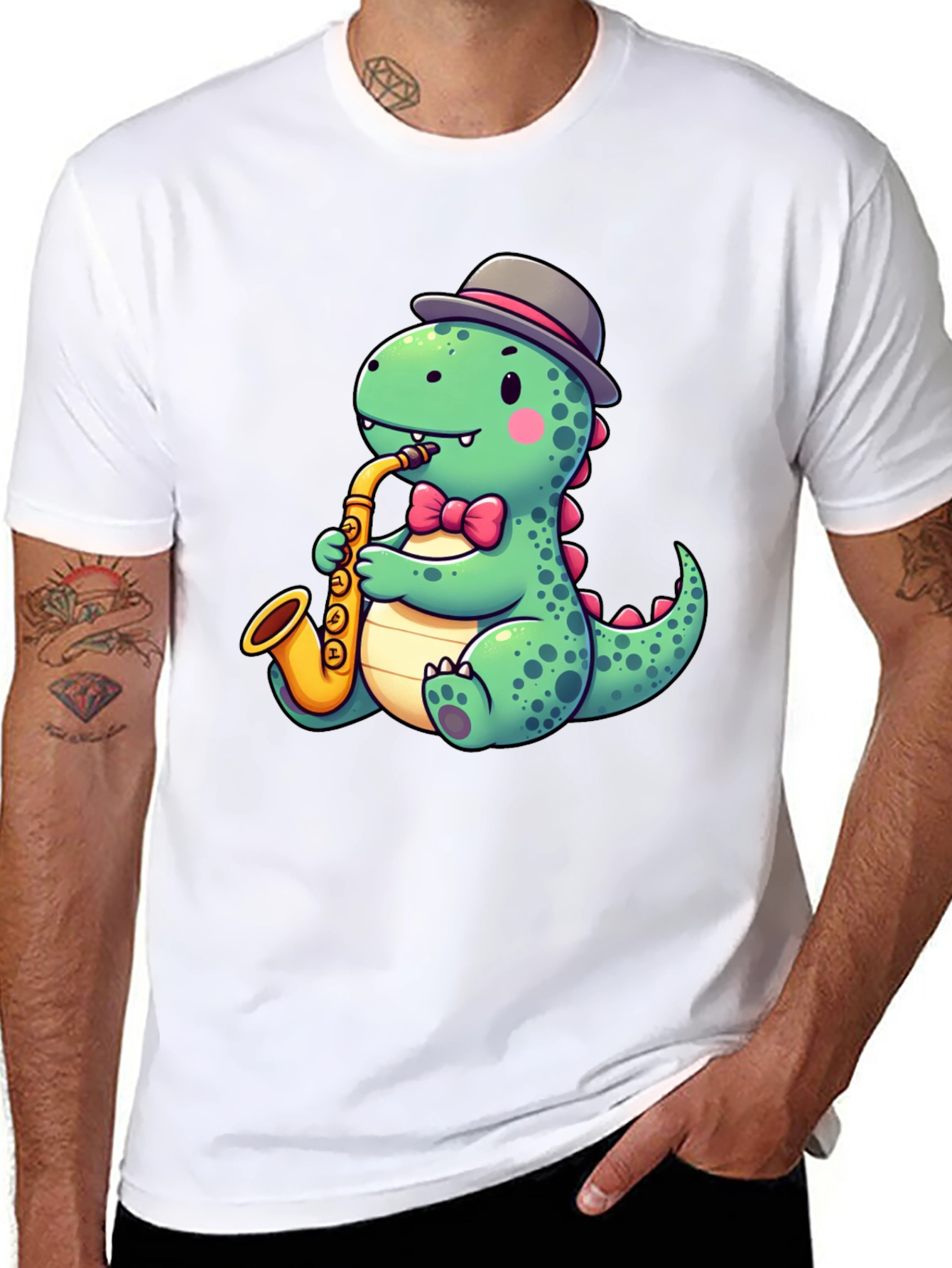 Camiseta Negra con Diseño de Dinosaurio Músico