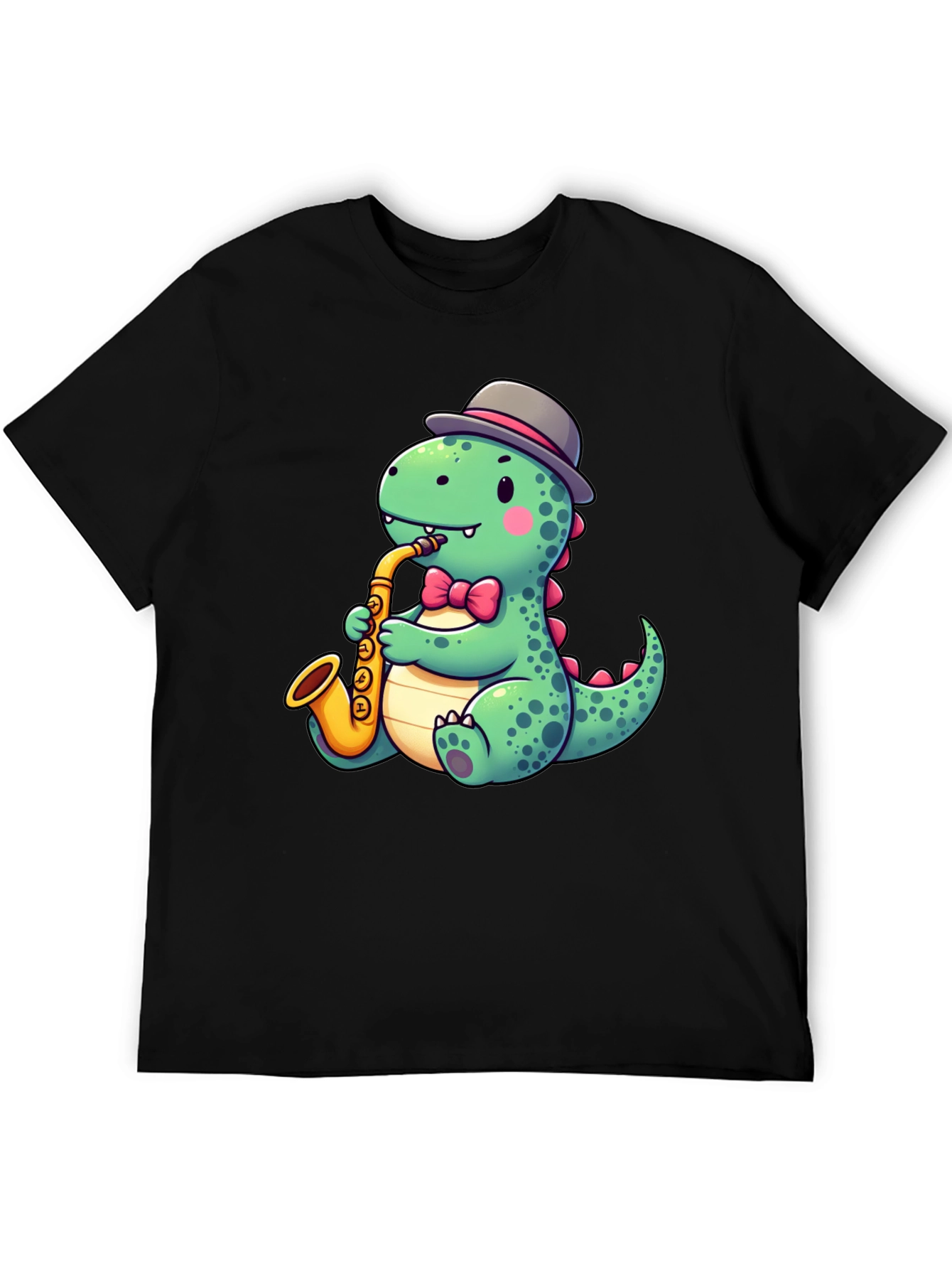 Camiseta Negra con Diseño de Dinosaurio Músico