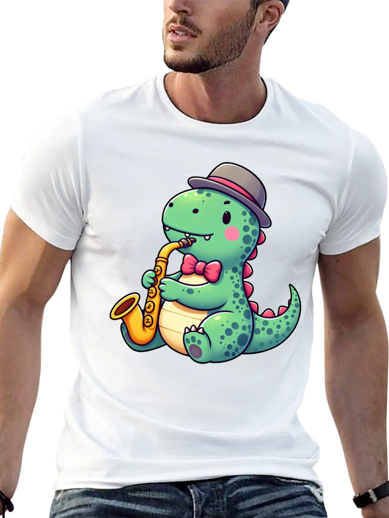 Camiseta Negra con Diseño de Dinosaurio Músico