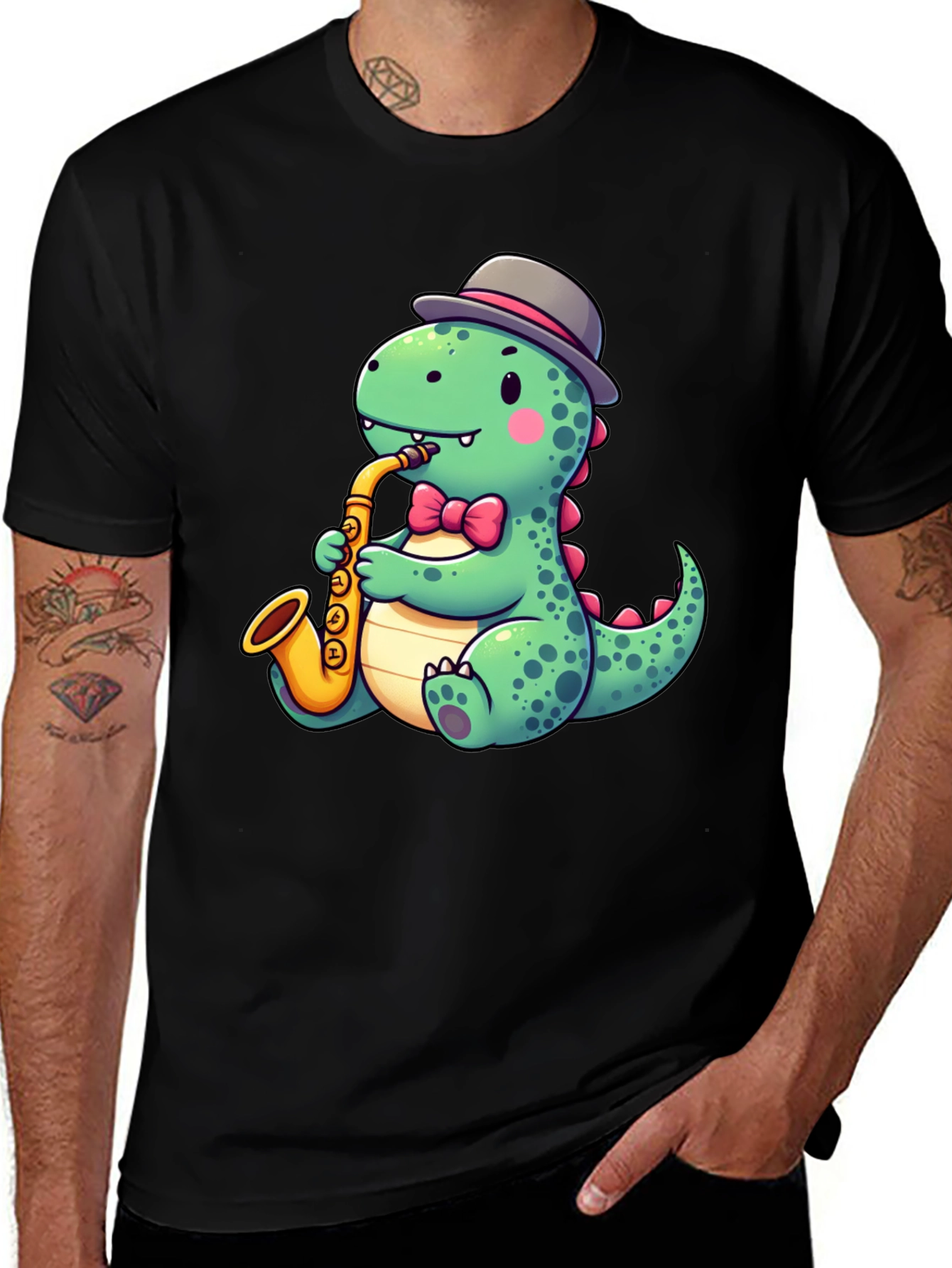 Camiseta Negra con Diseño de Dinosaurio Músico