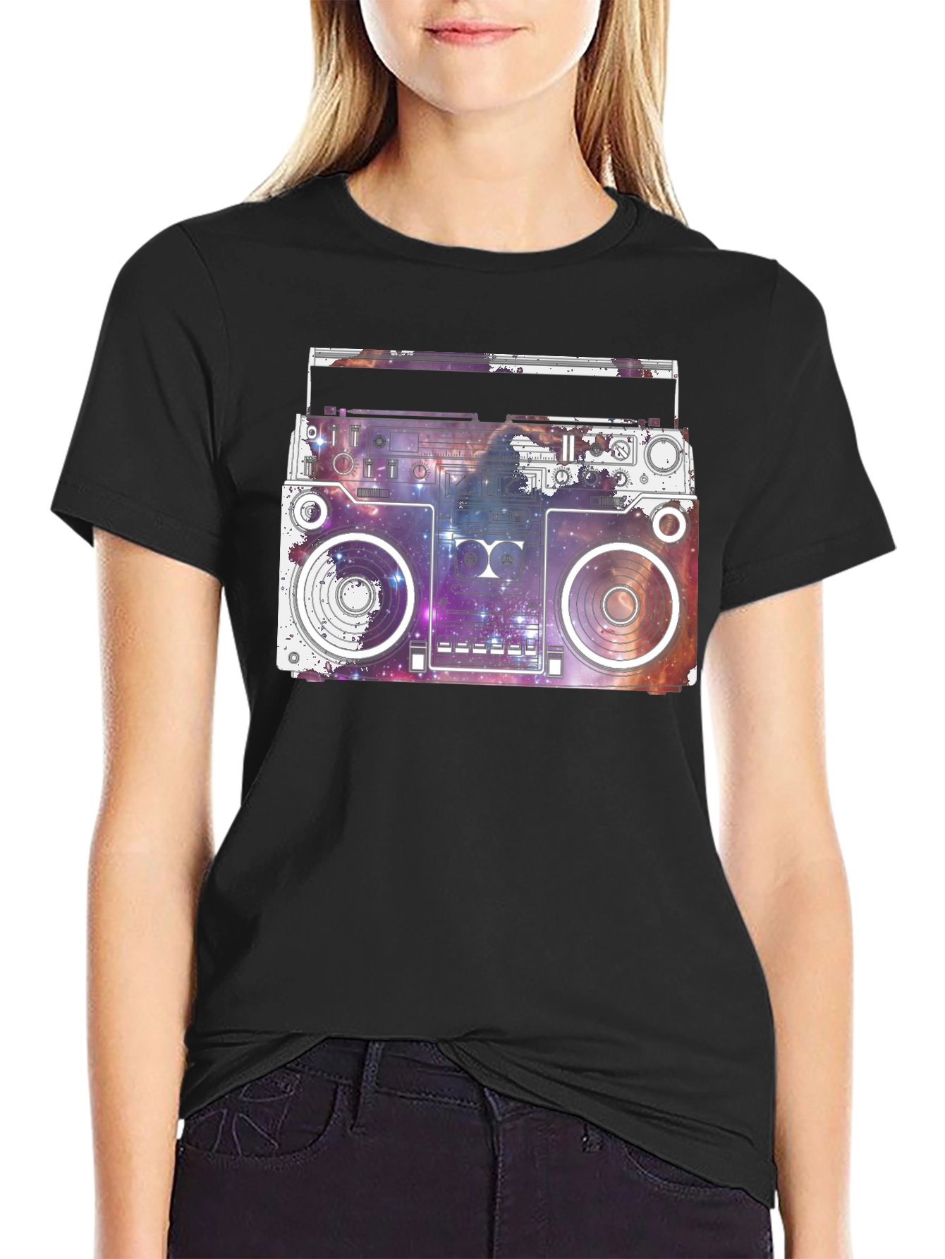 Camiseta Negra con Diseño Retro Espacial