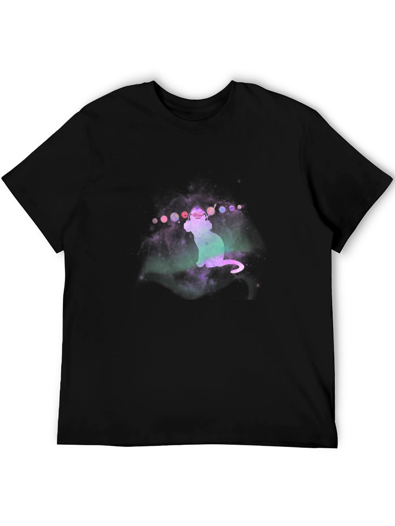 Camiseta Negra con Diseño de Gato Cósmico