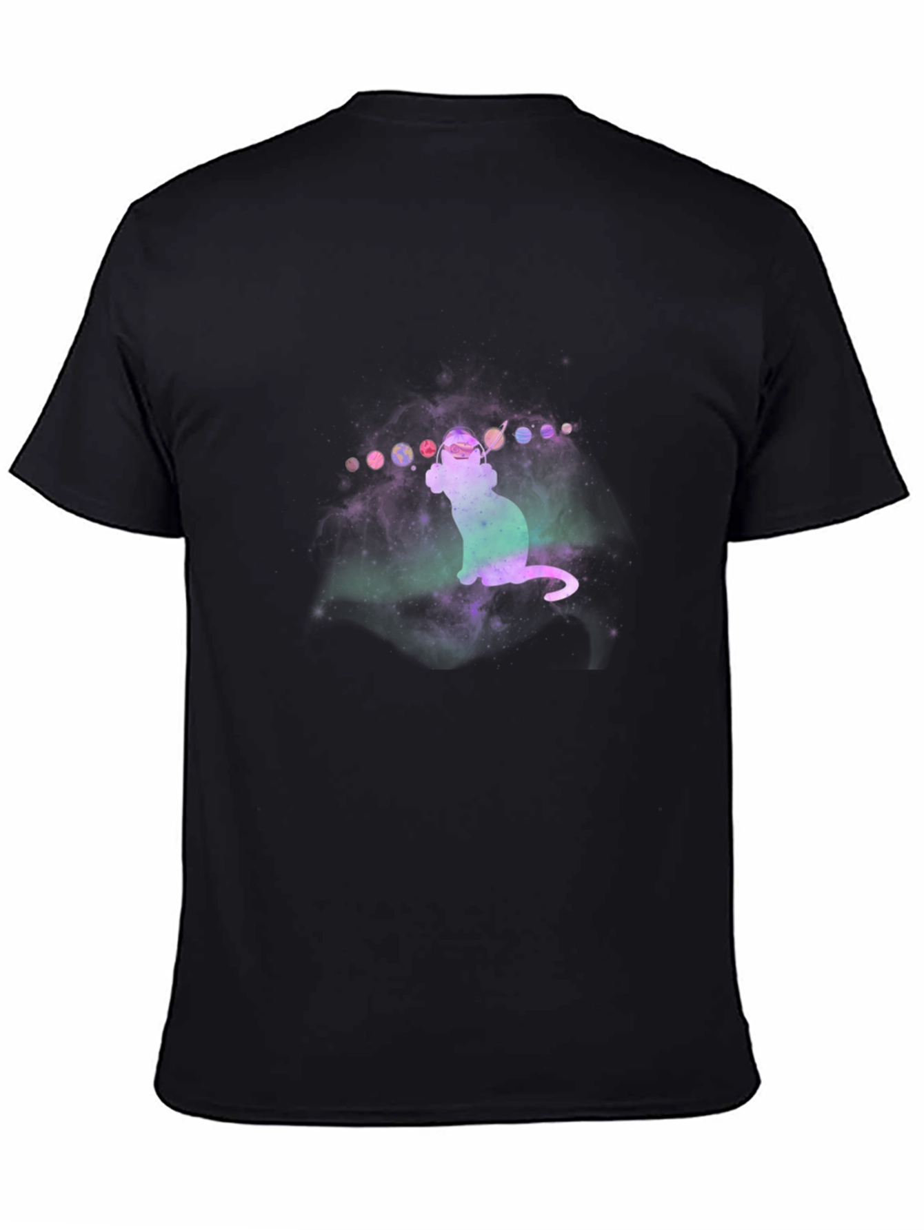 Camiseta Negra con Diseño de Gato Cósmico
