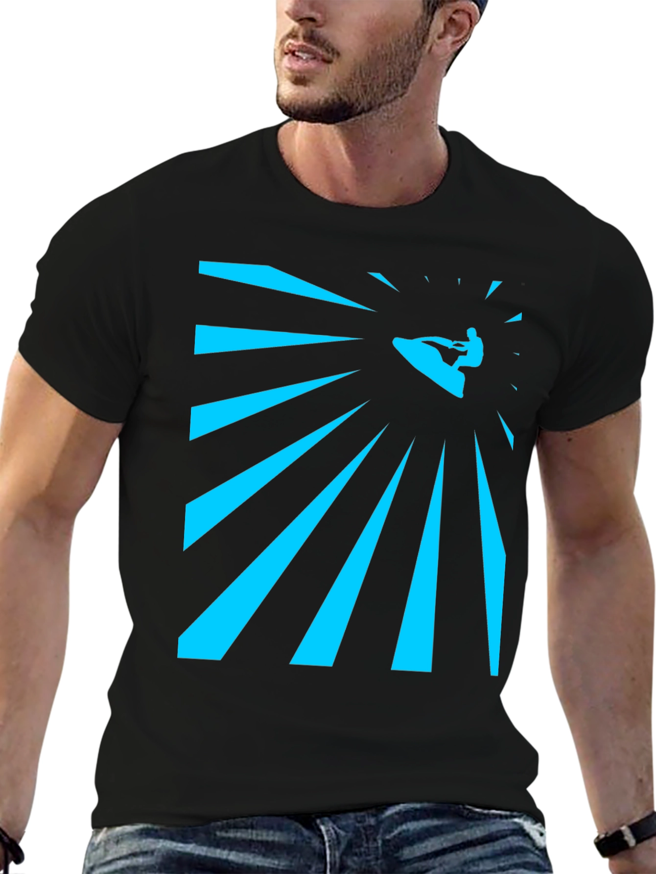 Camiseta Negra Estampada Surfista Rayos Azules