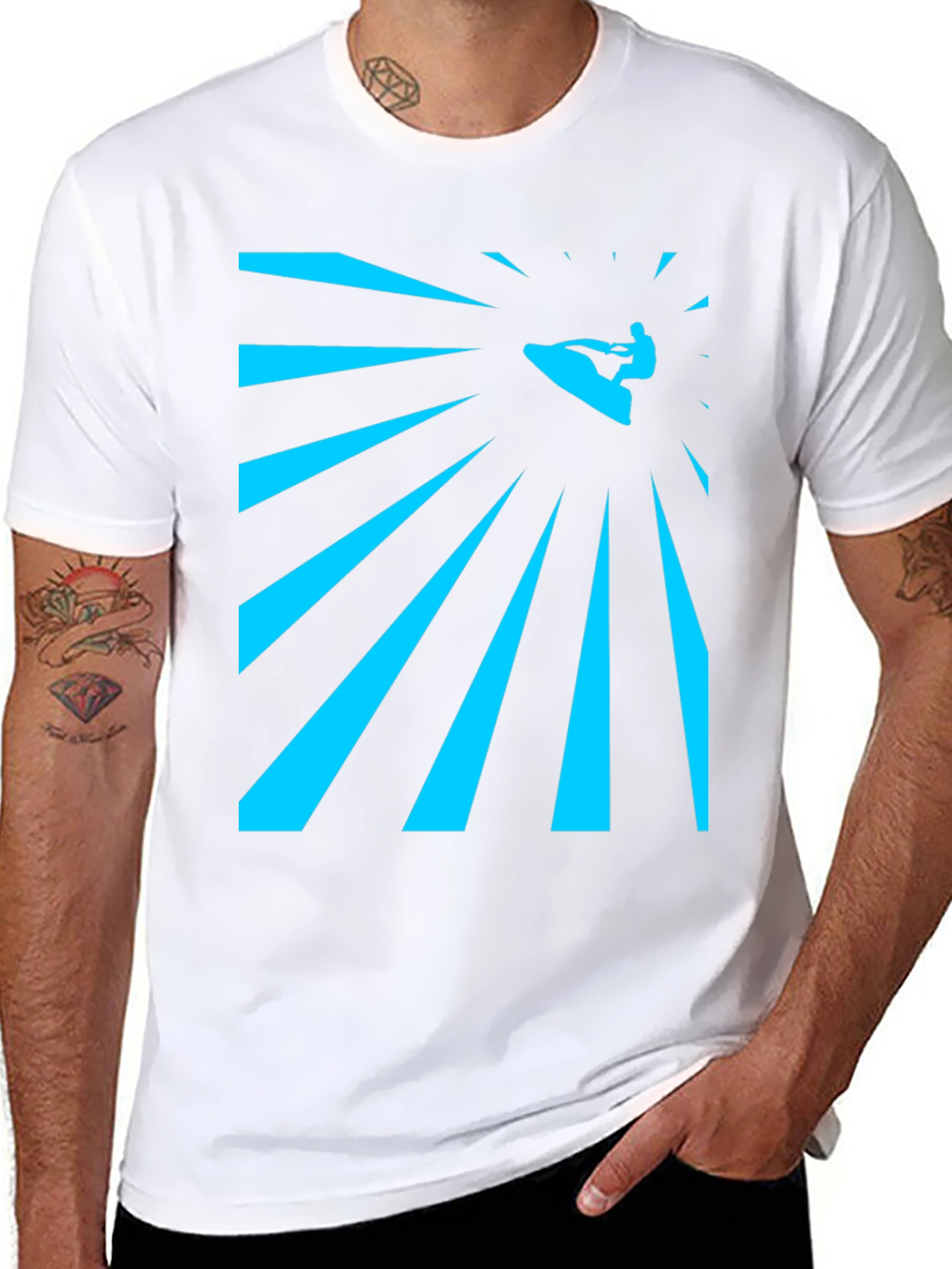 Camiseta Negra Estampada Surfista Rayos Azules