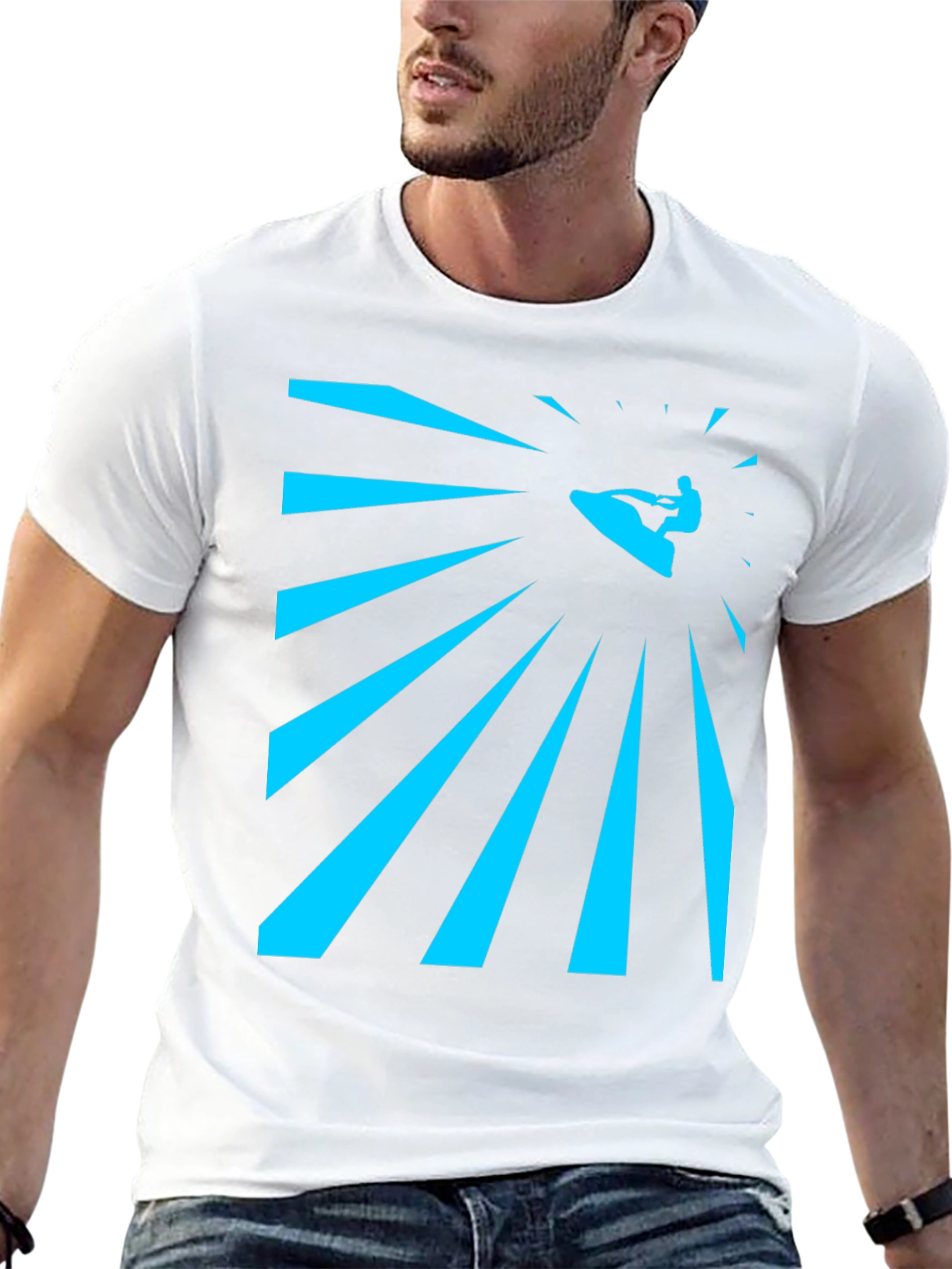 Camiseta Negra Estampada Surfista Rayos Azules