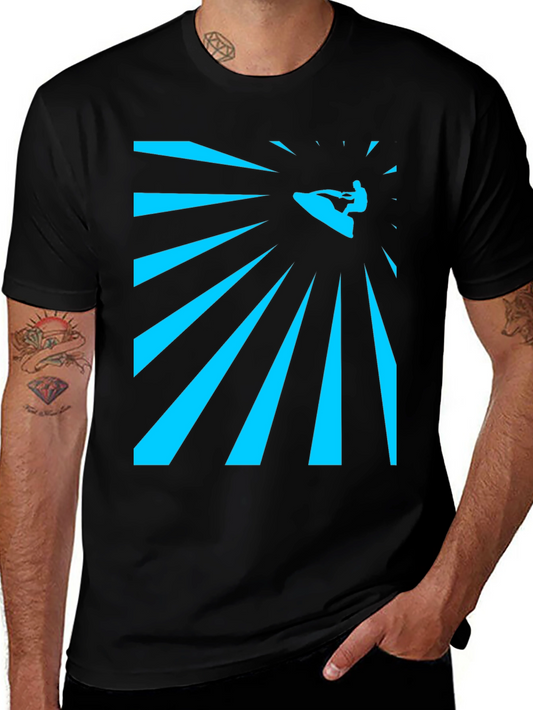 Camiseta Negra Estampada Surfista Rayos Azules