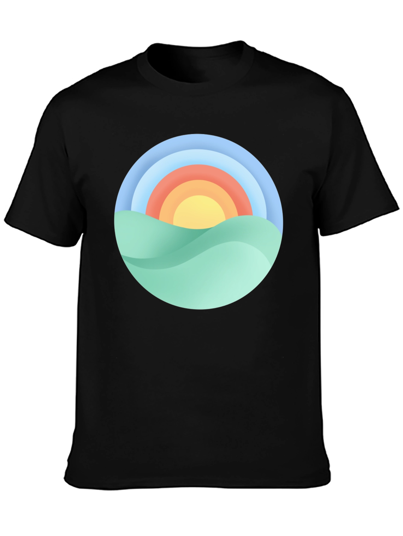 Camiseta Negra con Diseño Circular de Paisaje Soleado