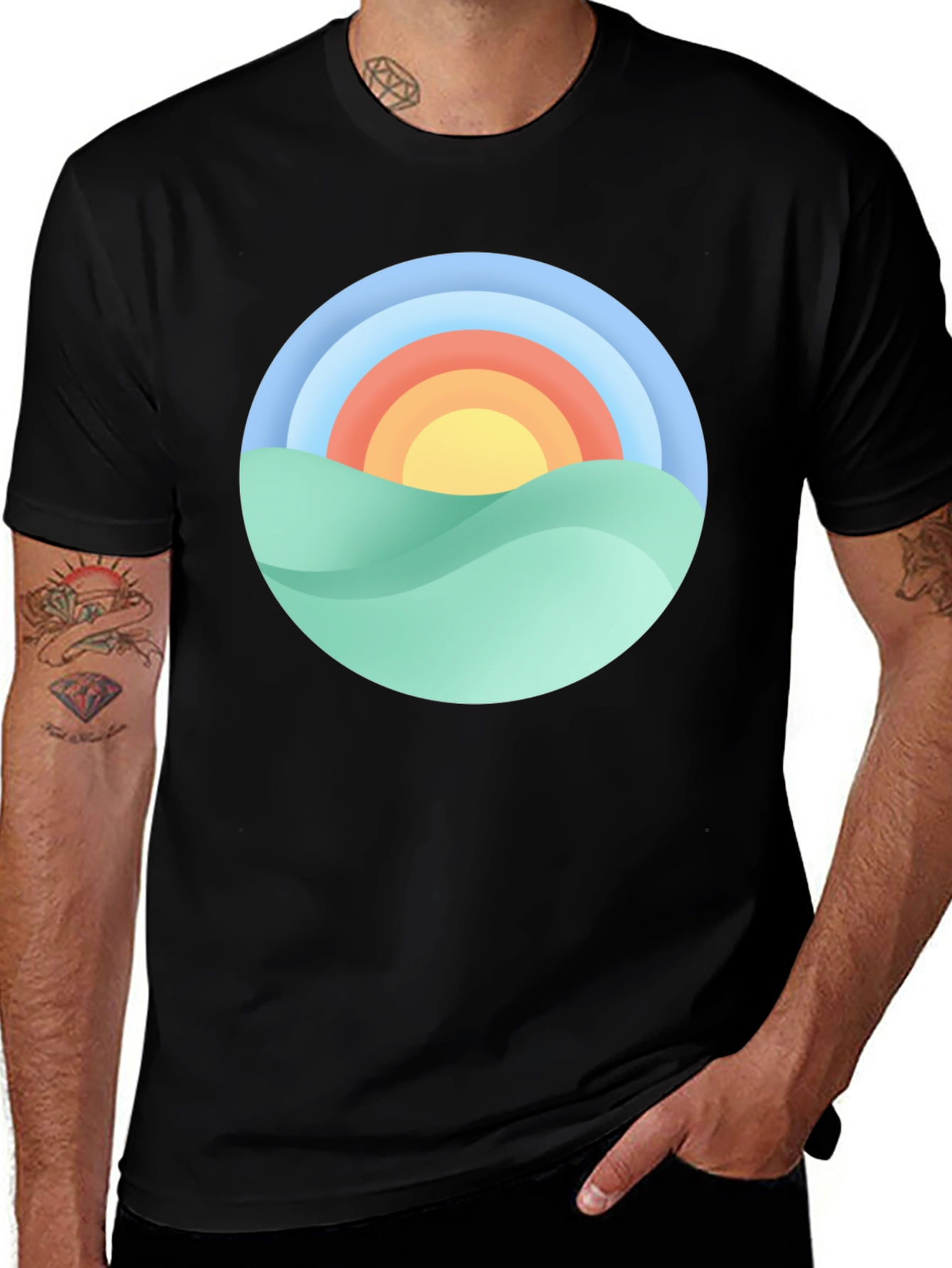 Camiseta Negra con Diseño Circular de Paisaje Soleado