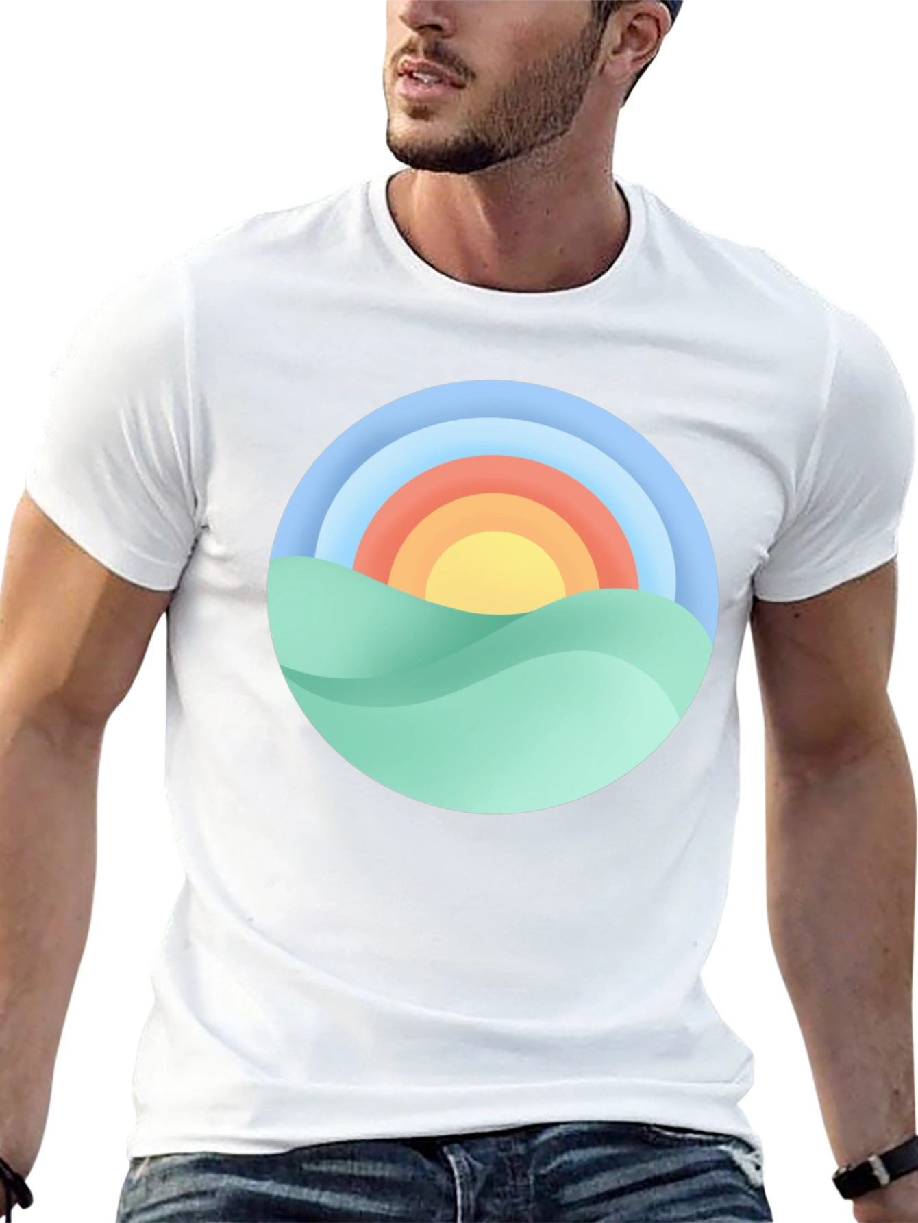 Camiseta Negra con Diseño Circular de Paisaje Soleado