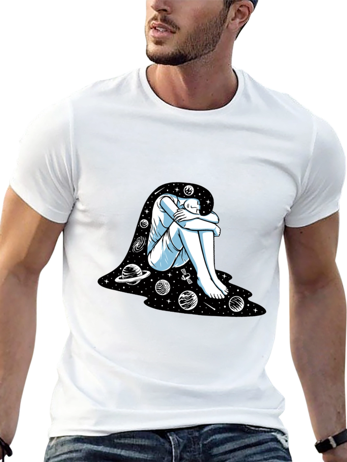 Camiseta Negra con Diseño Espacial Abstracto