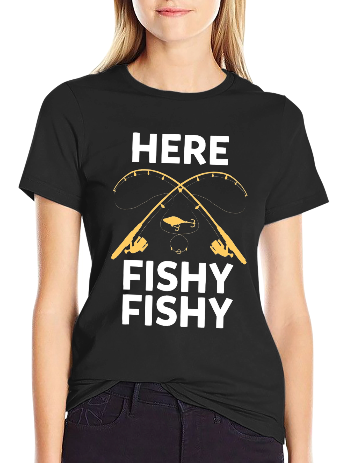Camiseta Negra con Diseño de Pesca Here Fishy Fishy