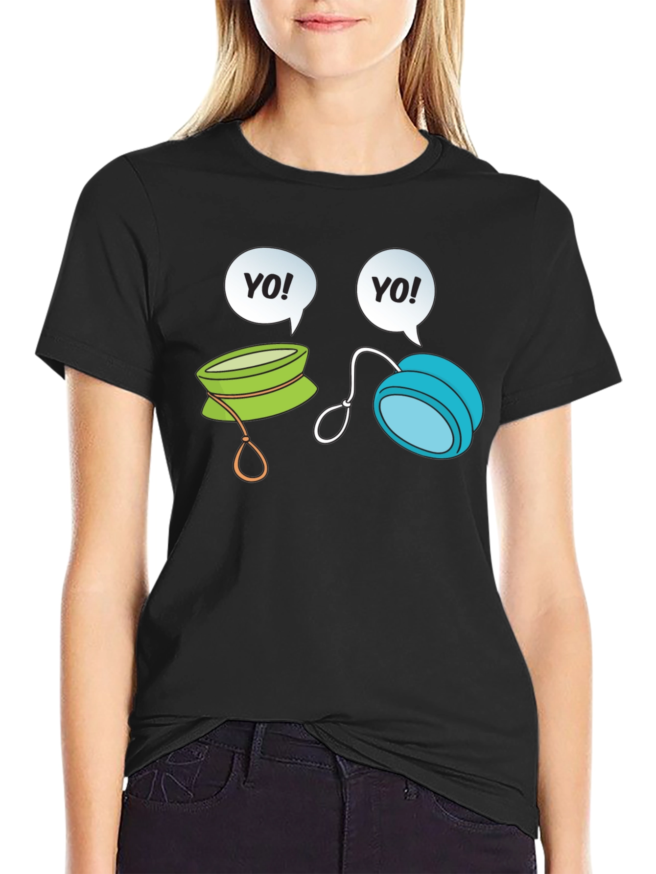 Camiseta Negra con Diseño de Yo-Yos Parlantes