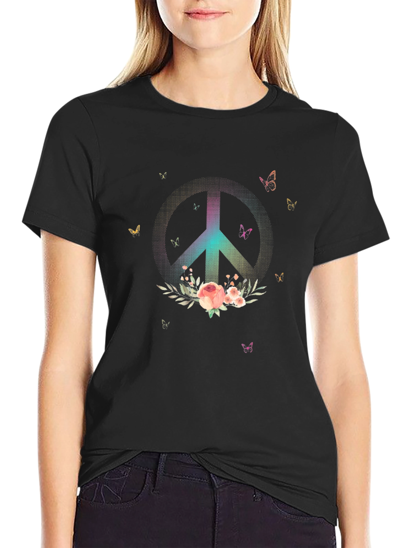Camiseta Negra con Símbolo de Paz Floral