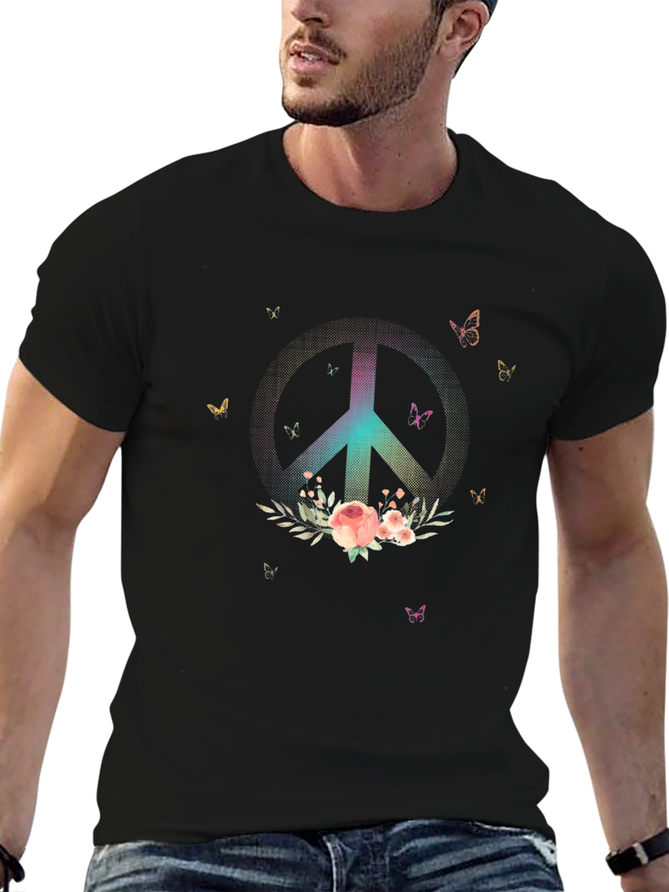 Camiseta Negra con Símbolo de Paz Floral
