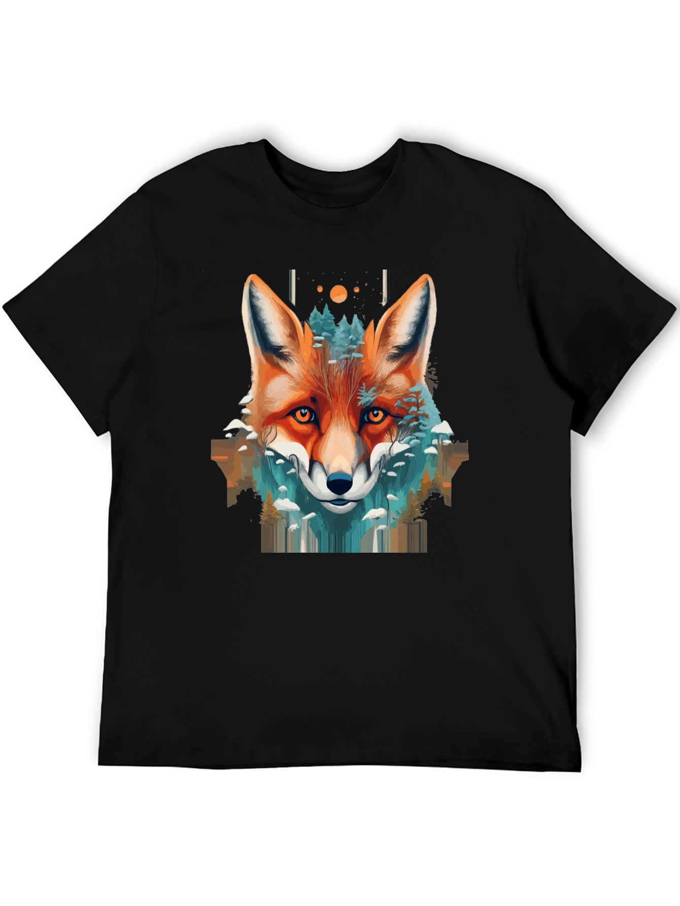 Camiseta Negra con Diseño de Zorro y Naturaleza
