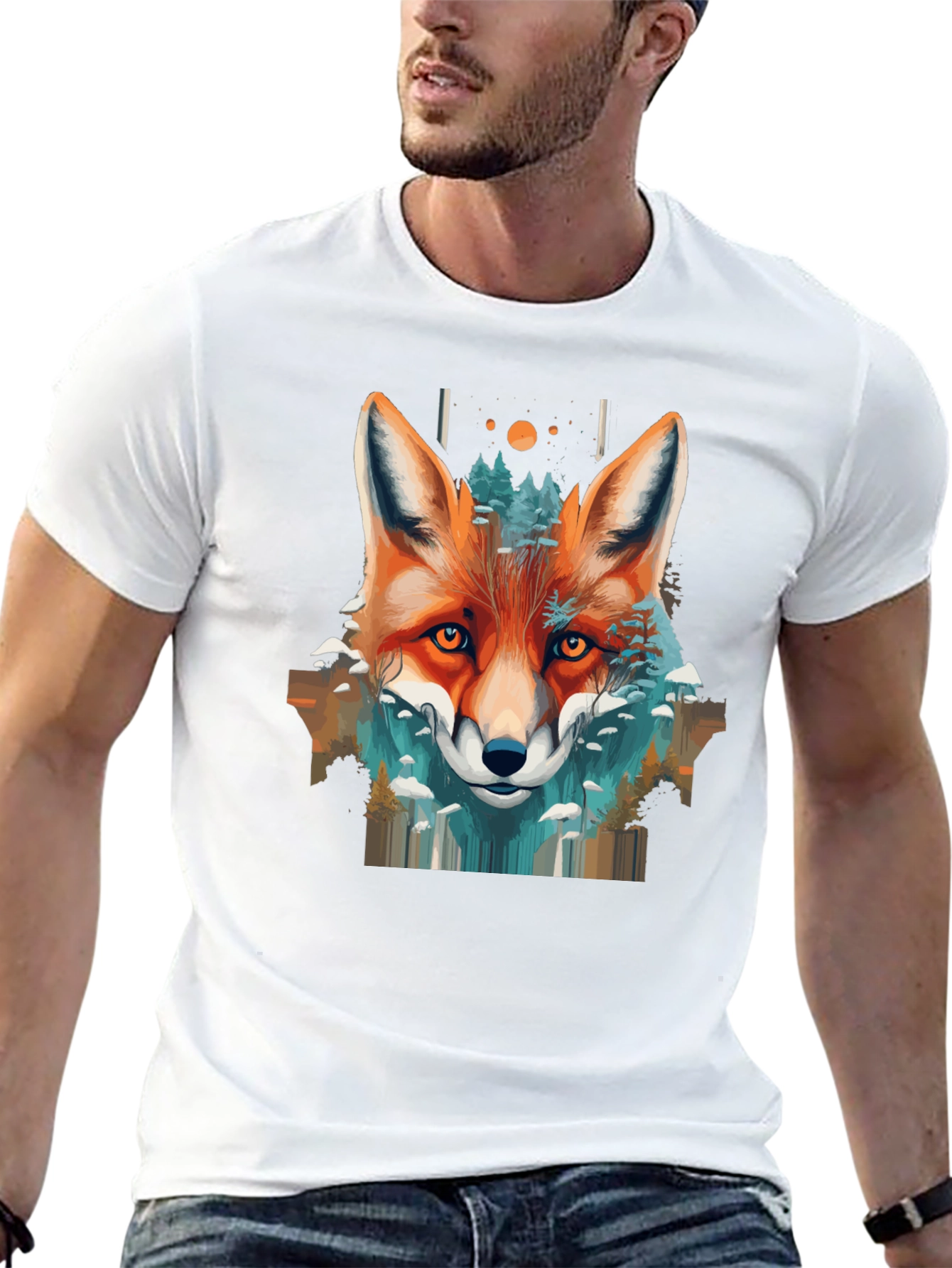 Camiseta Negra con Diseño de Zorro y Naturaleza