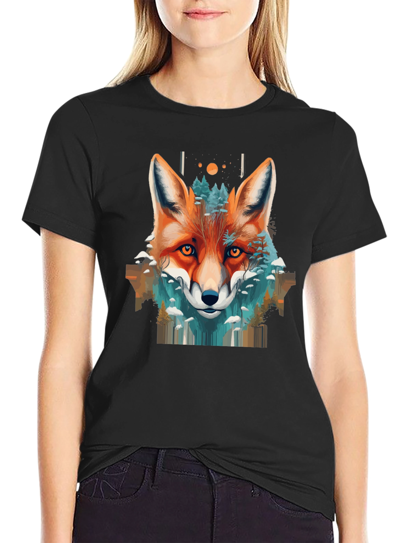 Camiseta Negra con Diseño de Zorro y Naturaleza