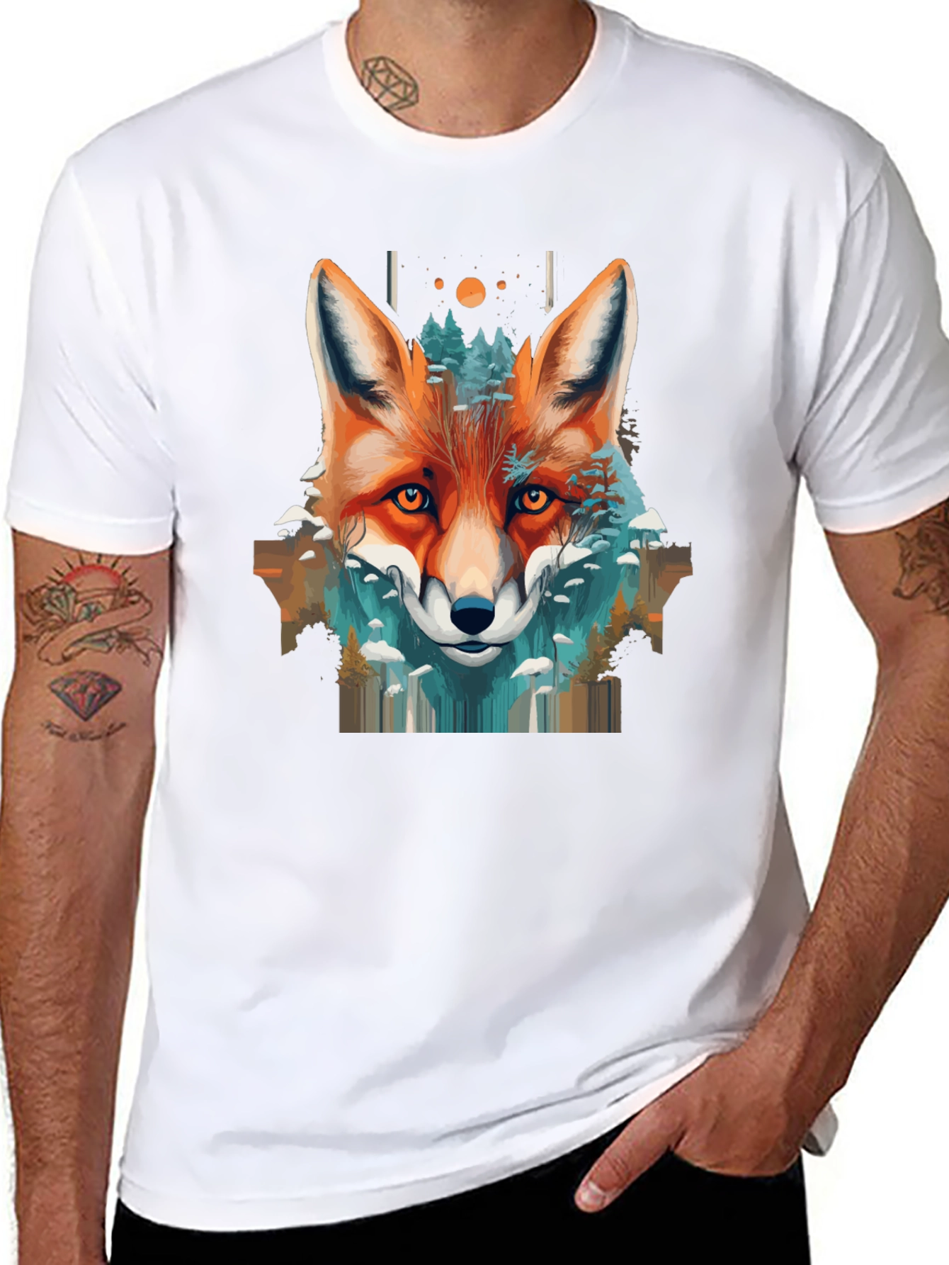 Camiseta Negra con Diseño de Zorro y Naturaleza