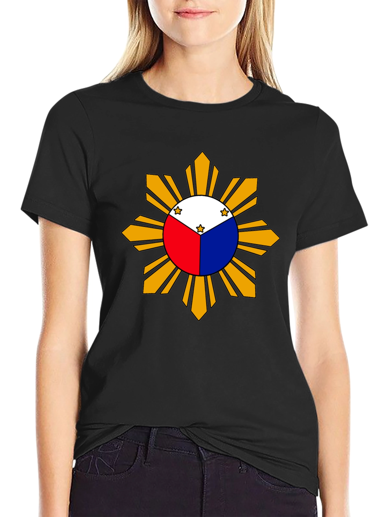 Camiseta Negra con Diseño de Sol Filipino