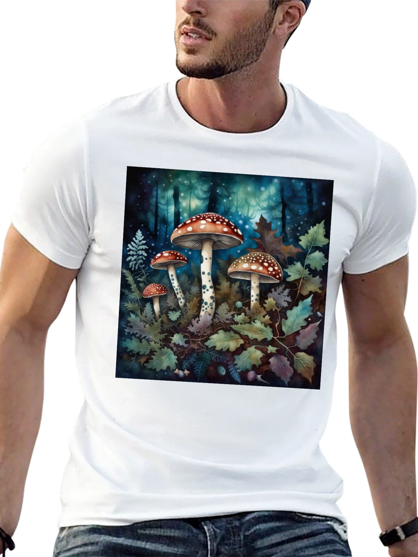 Camiseta Negra con Diseño de Bosque y Hongos