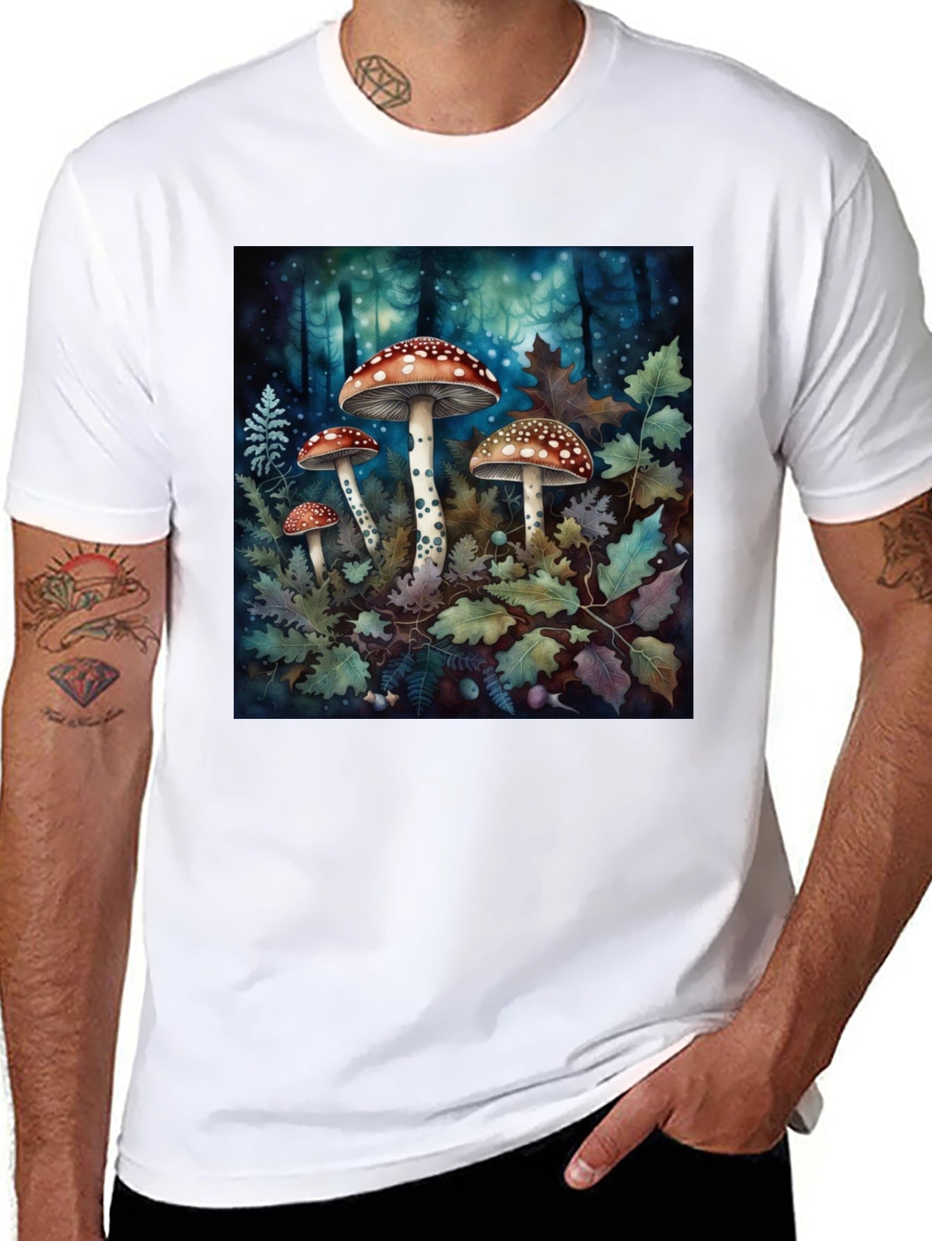 Camiseta Negra con Diseño de Bosque y Hongos