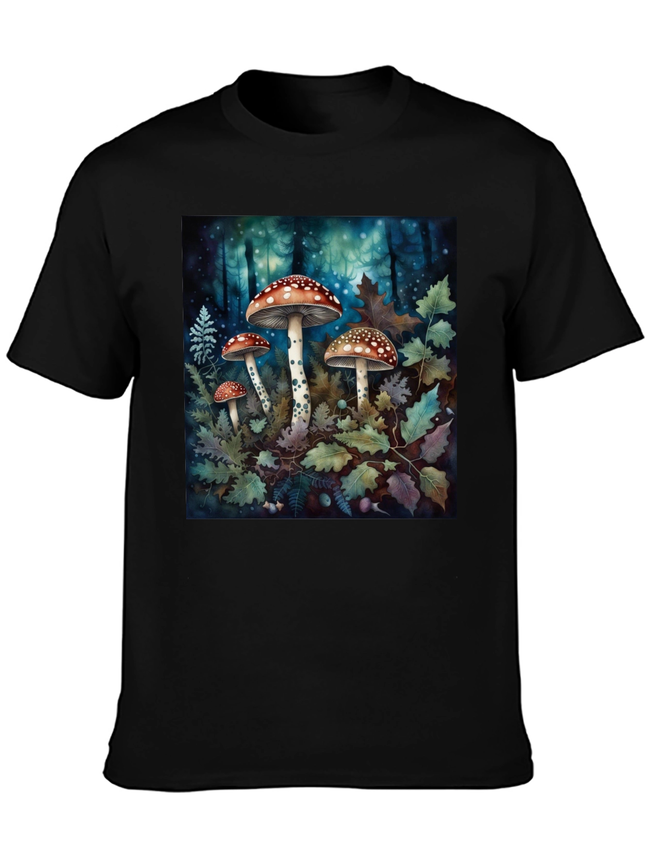 Camiseta Negra con Diseño de Bosque y Hongos