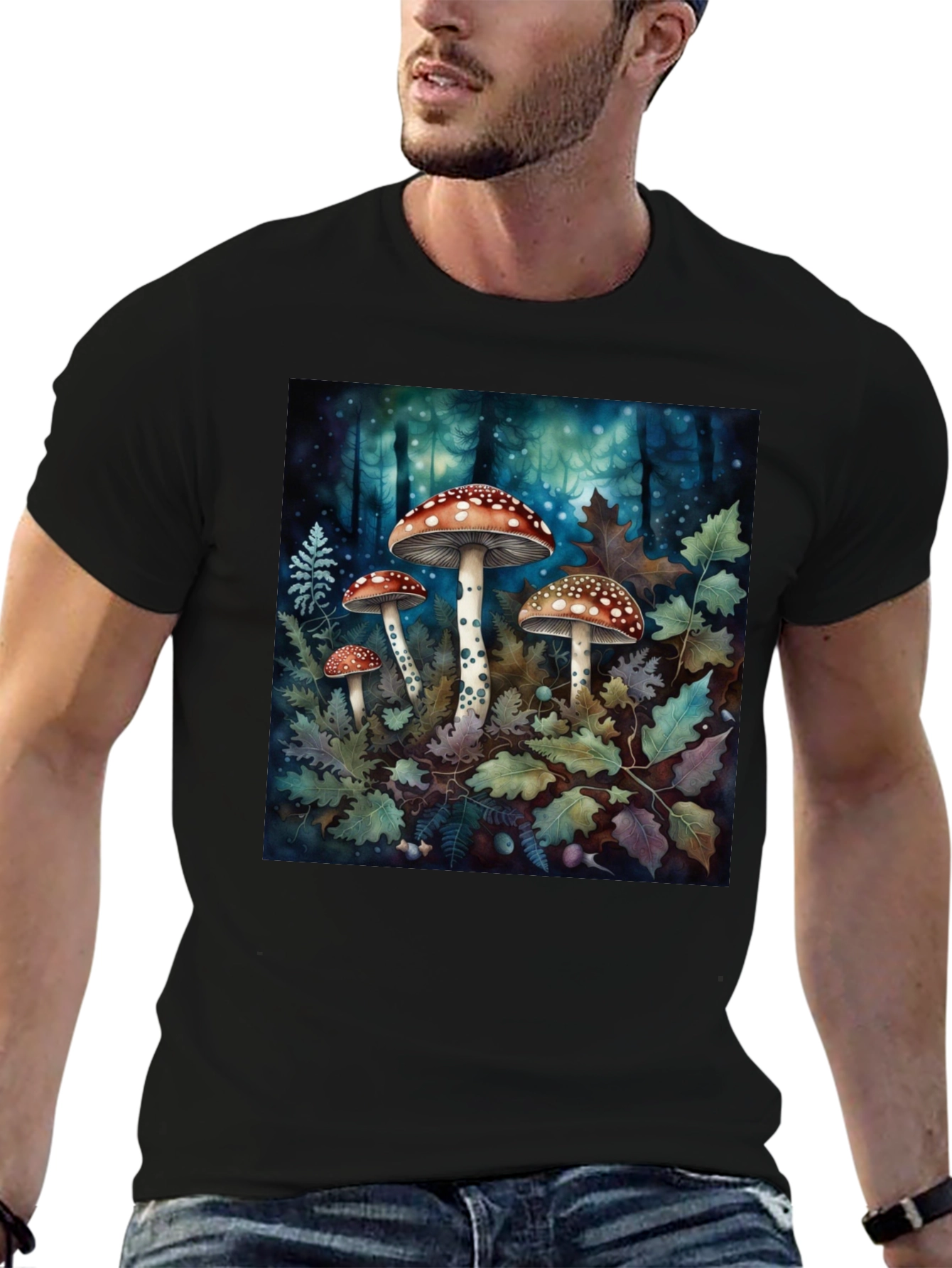 Camiseta Negra con Diseño de Bosque y Hongos