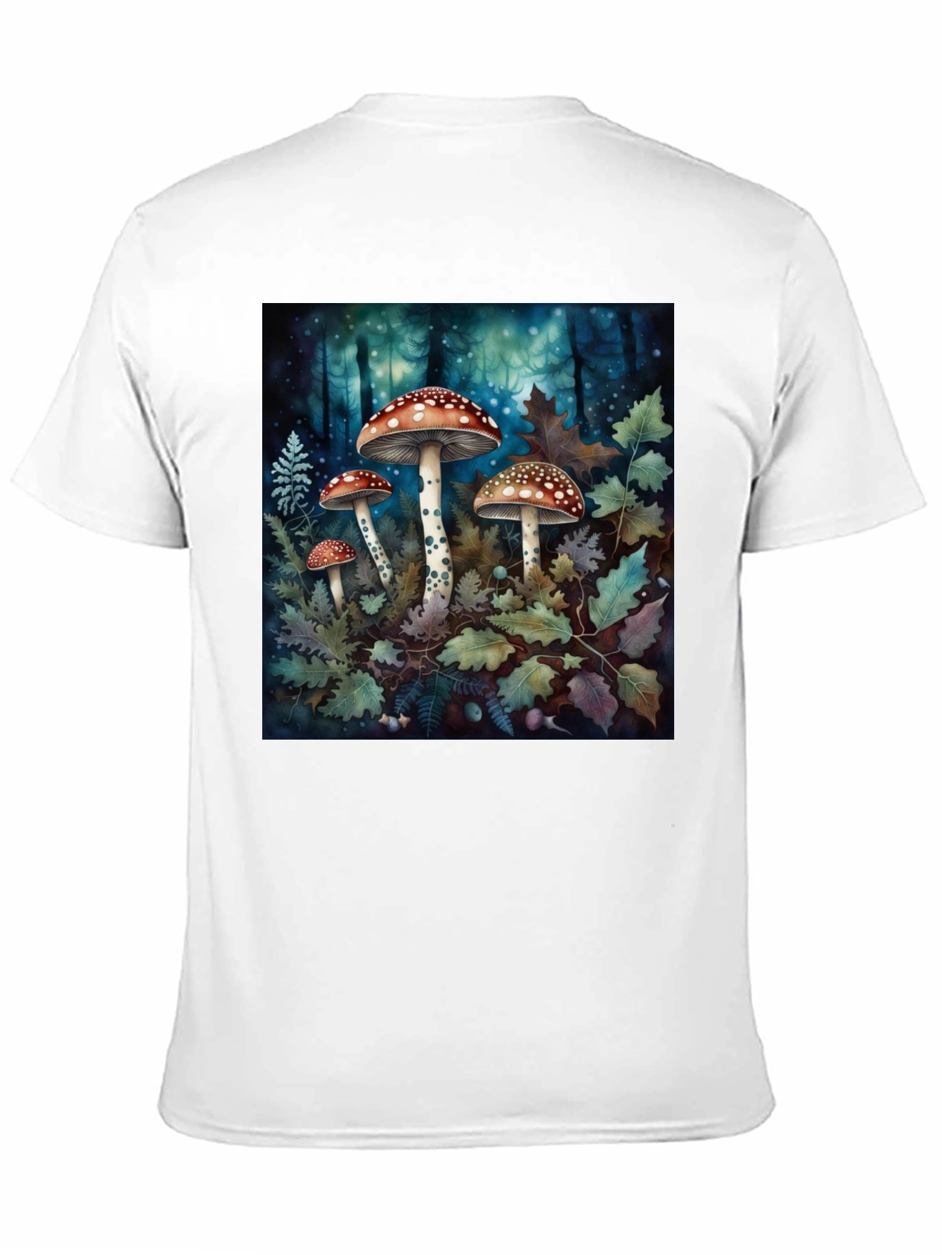 Camiseta Negra con Diseño de Bosque y Hongos