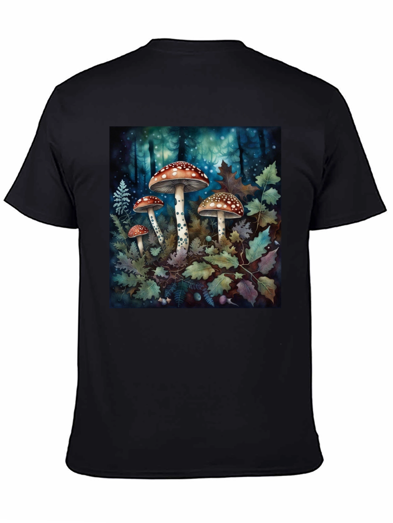 Camiseta Negra con Diseño de Bosque y Hongos